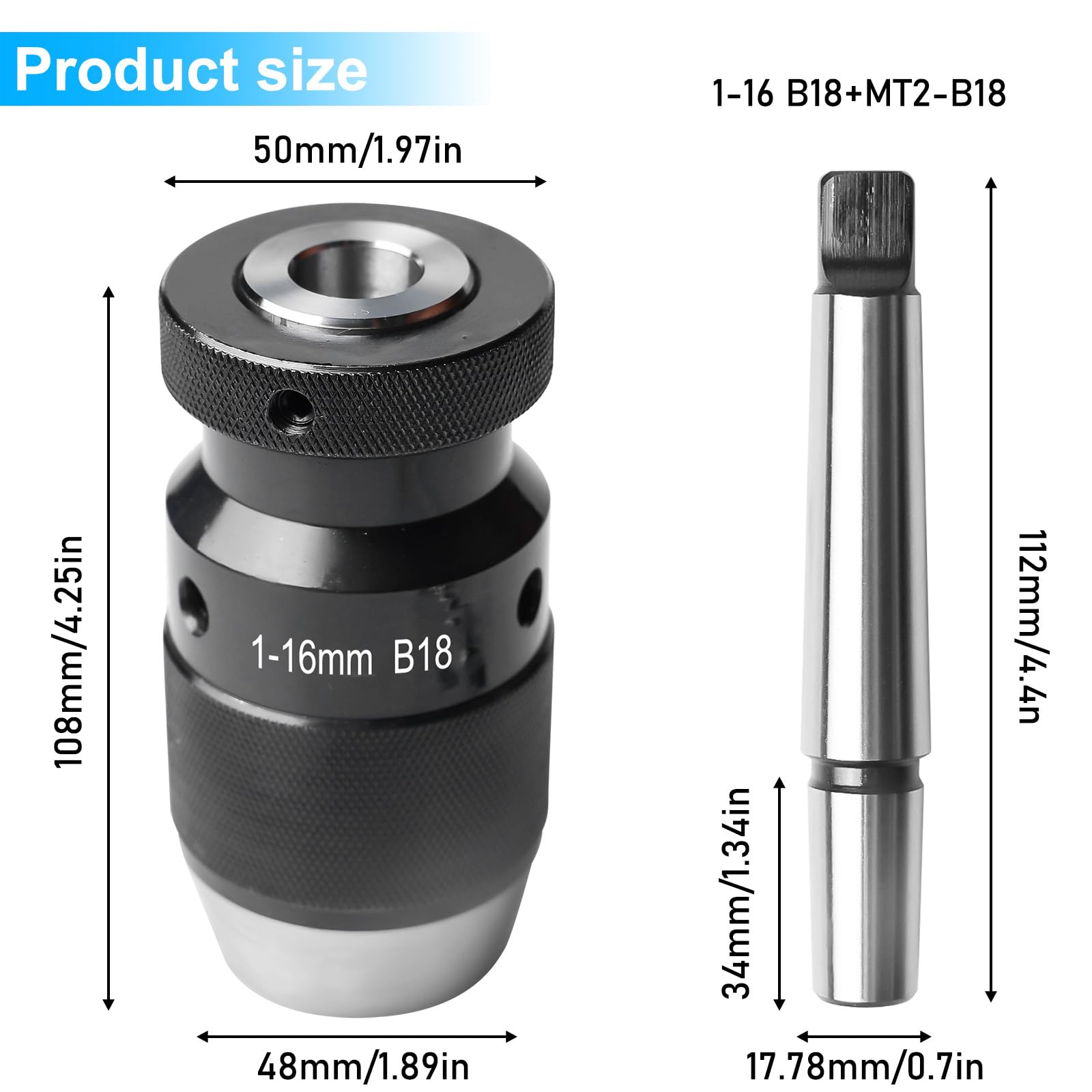 Portabrocas sin llave B18 (1-16 mm) con mandril cónico MK2/MT2, mini portabrocas de precisión MK2/MT2 para torno, taladro, torno