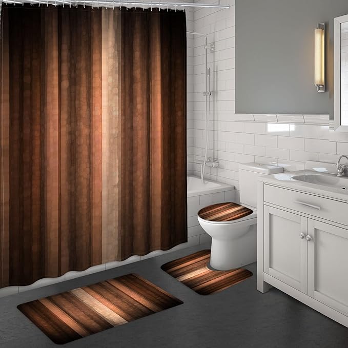 MitoVilla 4Pcs Tan Brown Shower Curtain Sets with Rugs