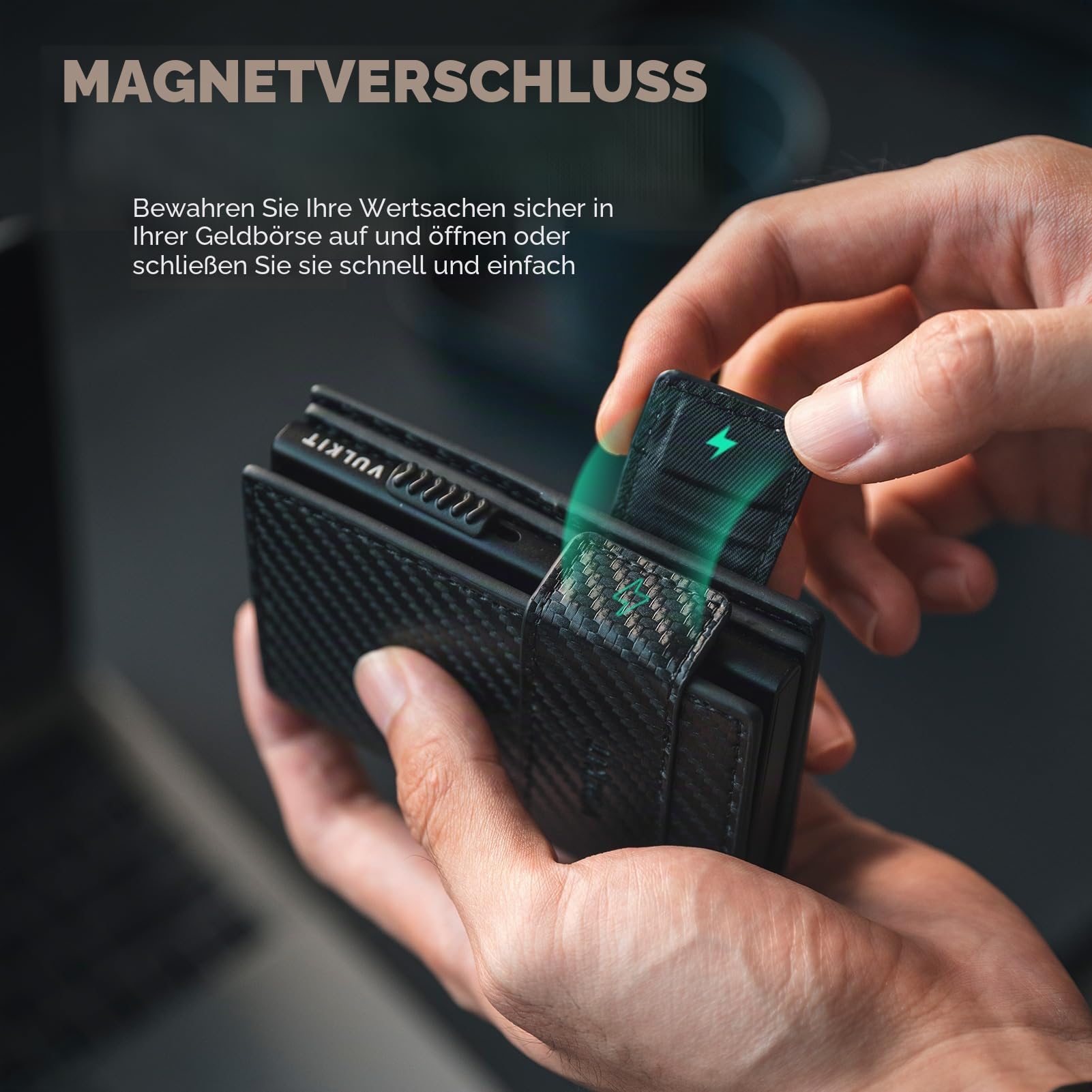 VULKIT Kartenhalter, zweifach Faltbare Pop-Up-Geldbörse aus Leder für Herren, RFID-blockierendes Kreditkartenetui, für 9 Karten und Banknoten, Münzfach mit Reißverschluss (Kohlefaser Schwarz)