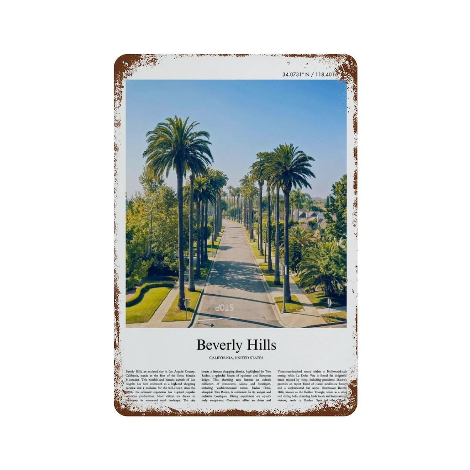 xiaoxiaoshen Beverly Hills California, United States, USA City Scenery Wall Decor Art Metal Tin Poster Modern Home Decor Art Home Bar Shop Decorations Vintage Sign 30x20cm