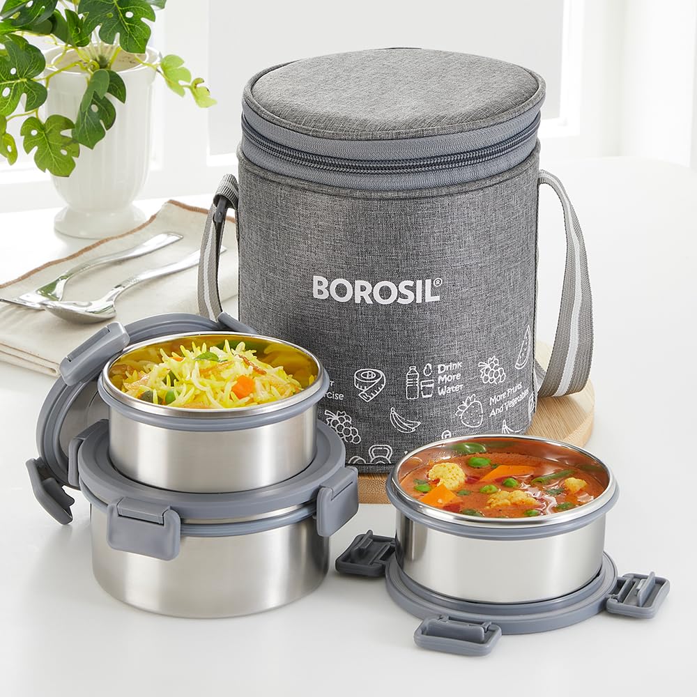 Borosil Slate Stainless Steel Lunch Box with Bag | 3 pcs Set (460 ml x 1 + 280 ml x 2) | Single Wall Lunch Box with Food Grade Steel | Leakproof & Dishwasher Safe | 1 Year Warranty | Grey (B0D5R8L6GP) Amazon Price History, Amazon Price Tracker