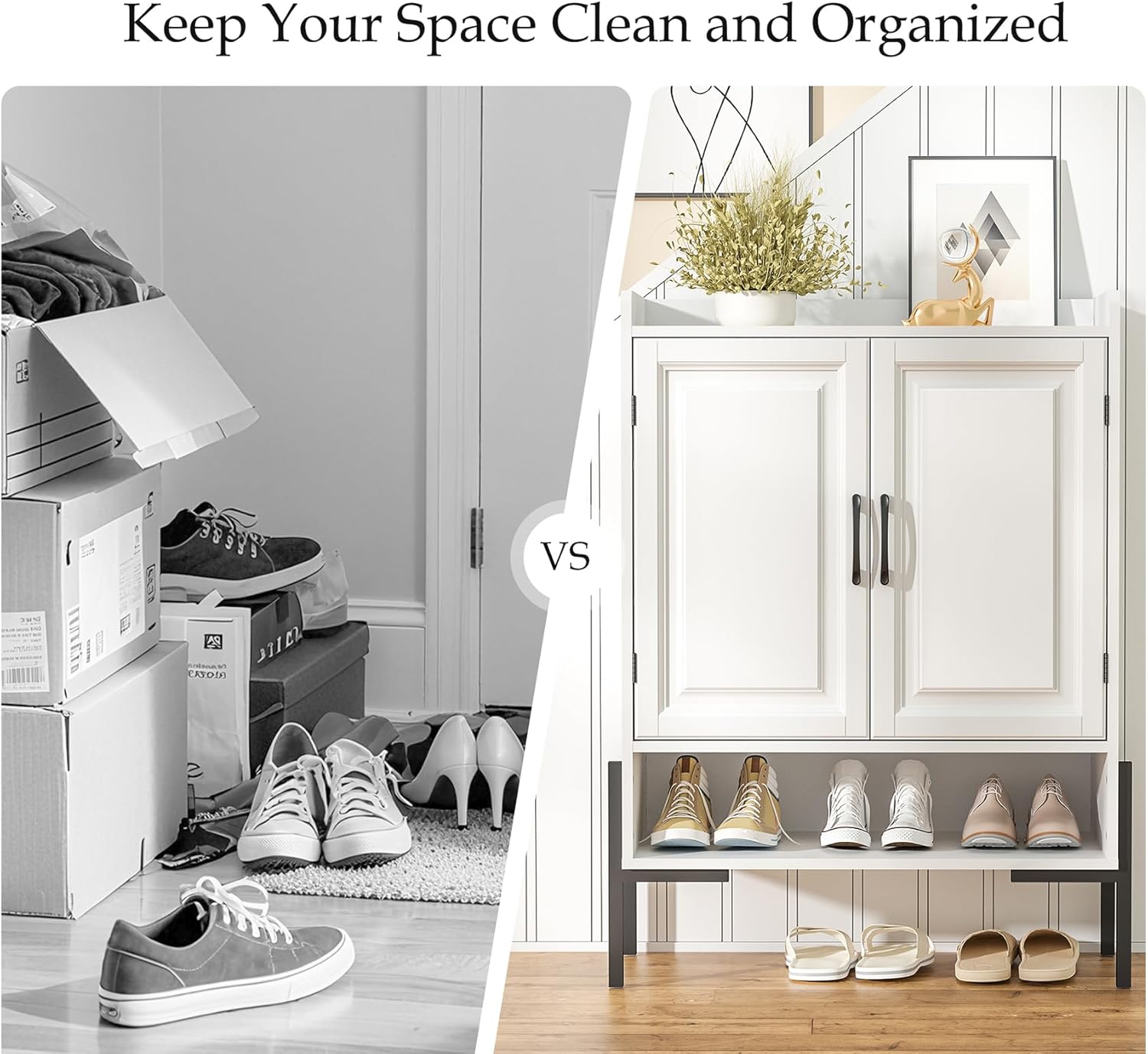 Farmhouse Shoe Cabinet with Doors, 4-Tier White Wooden Shoe Storage Cabinet with Adjustable Shelves, 40" Tall Shoe Organizer, Modern Shoes Cabinet Storage for Entryway (30" L x 15" W x 40" H)