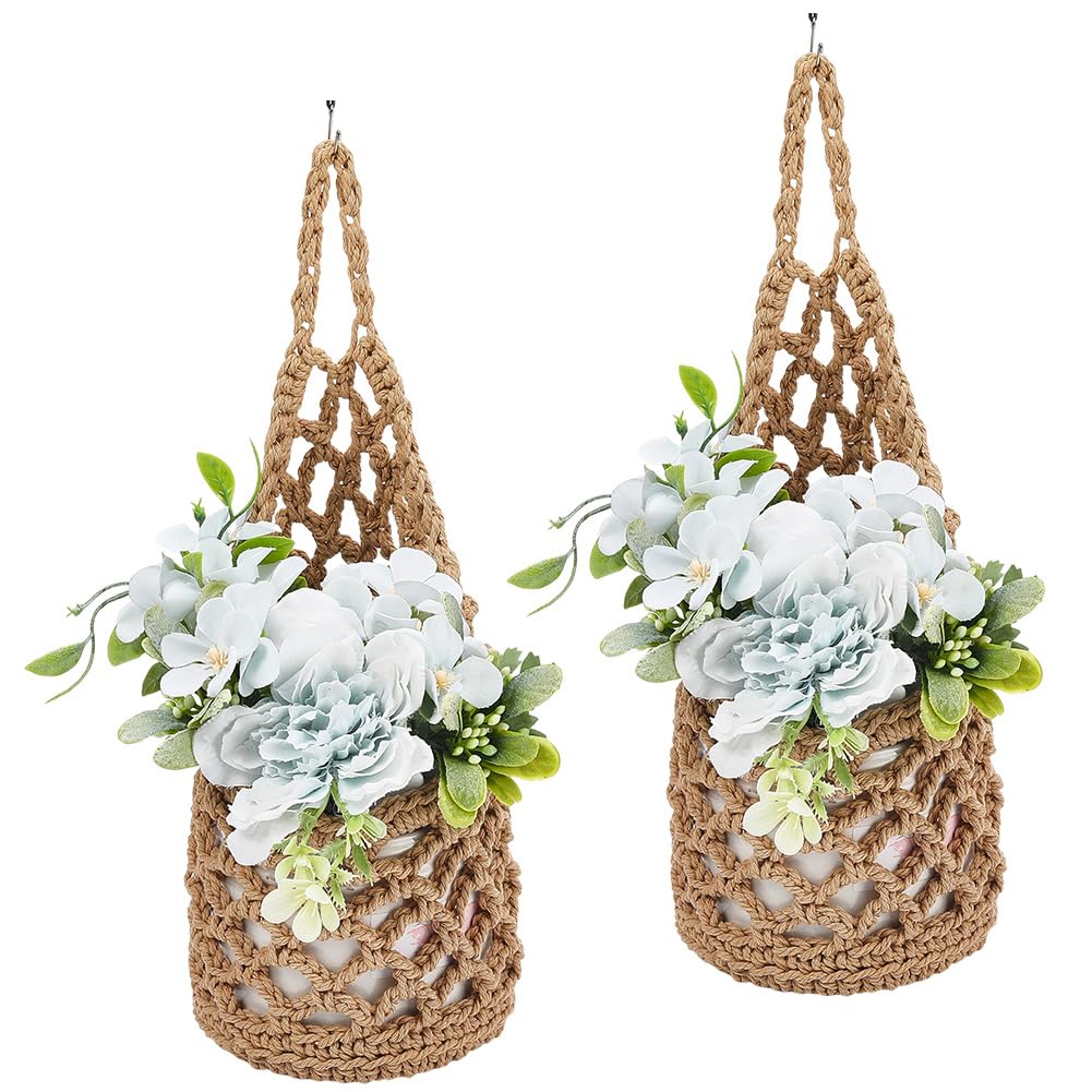 GORGECRAFT 2Pcs Macrame Fruit Basket Tan Cotton Boho Farmhouse Rustic Knitted Woven Vegetable Plant Planter Storage Rope Wall Hanging Bags Stand Holder Hanger for Indoor Outdoor Home Decorations
