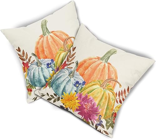 Miniatura 8 de Sweetshow Juego de 2 fundas de almohada otoñales de 20 x 20 pulgadas, color verde azulado, amarillo, naranja, calabaza, flores, hojas, Acción de