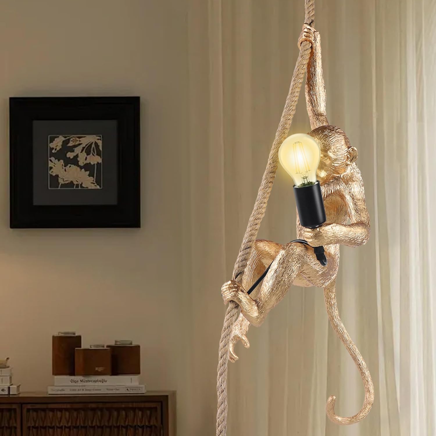 Monkey Hemp Rope Pendant Lamp, Vintage Monkey Hanging Light, 110V Ceiling Mounted Lamps w/6.56ft Rope, E26 Fixture, for Halogen/Incandescent/Led Bulbs (Gold Pendant Lamp)