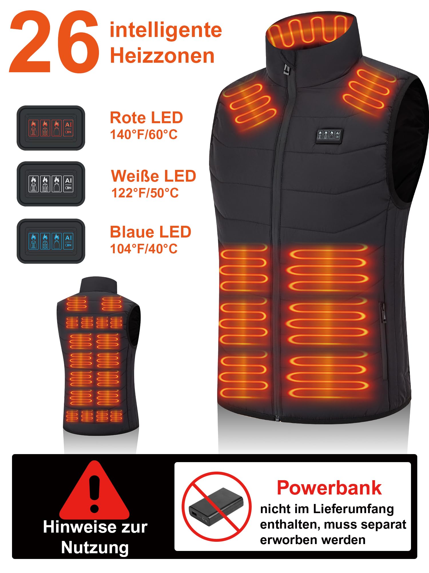 Beheizbare Weste Herren und Damen with 26 Heizbereiche – Heizweste with Kompatibel mit 5V/7.4V, schnelles Aufheizen, 4 Steuerzonen–Ohne Akku