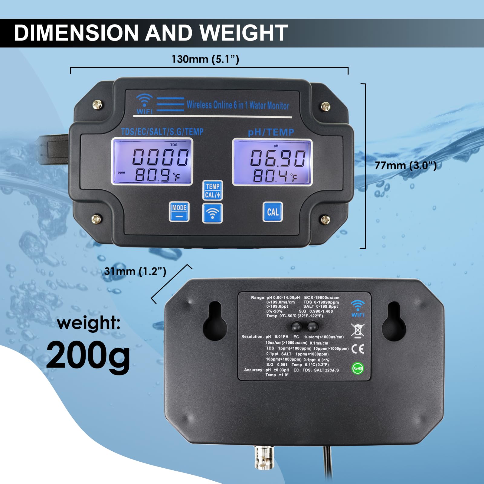 6-in-1 Smart Water Quality Tester – WiFi/App Monitor für pH, EC, TDS, Temp, SG & Salz Echtzeit-Alarme Ideal für Hydroponik, Aquarien, Pools & Trinkwasser