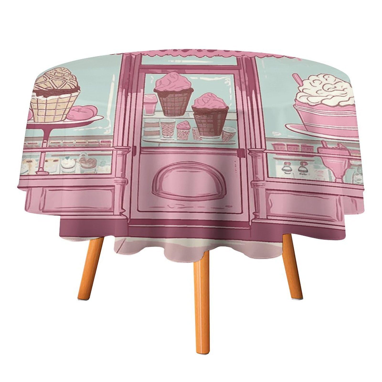 SMAZDFXX Ice Cream Store Pink Tablecloth 60x60in Round Table Cloth Durable Polyester, Washable Stain Resistant Table Cover for Indoor Outdoor (Picnic, Dining, Party)