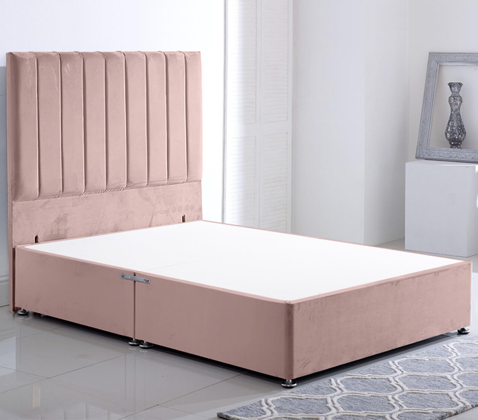 ComfoRest Single Divan Bed Frame with Grand 54inch Stripe Headboard, Pink