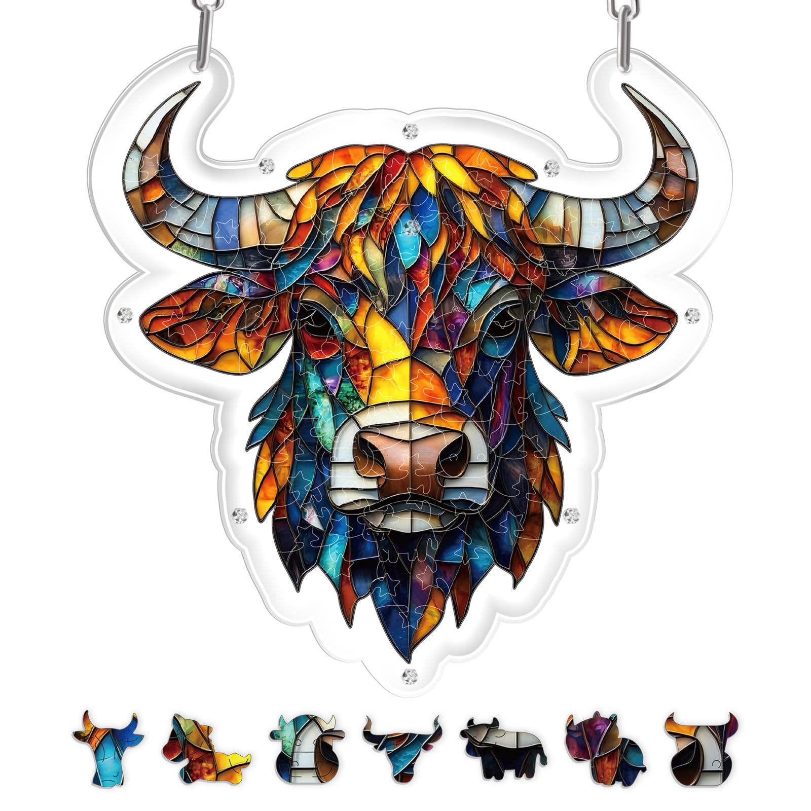 Highland Cow Stained Glass Acrylic Irregular Jigsaw Suncatcher 63Pcs Window Hanging DIY Craft Decor Gift