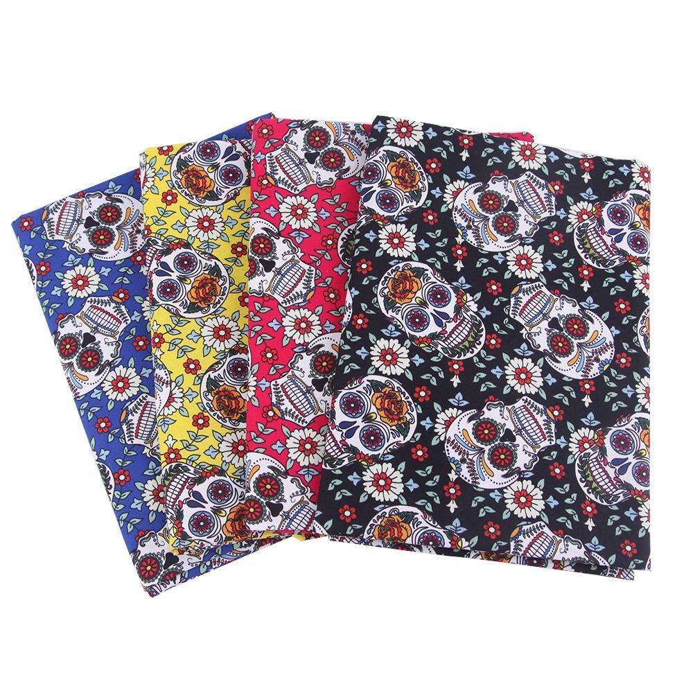 MoonyLI 4Pcs Sugar Skull Fabric Halloween Printed Fabric 100% Cotton Precut Fat Quarters Fabric Bundles Skull Pattern Halloween Decoration Fabric Patchwork DIY Sewing Crafting Quilting Fabric