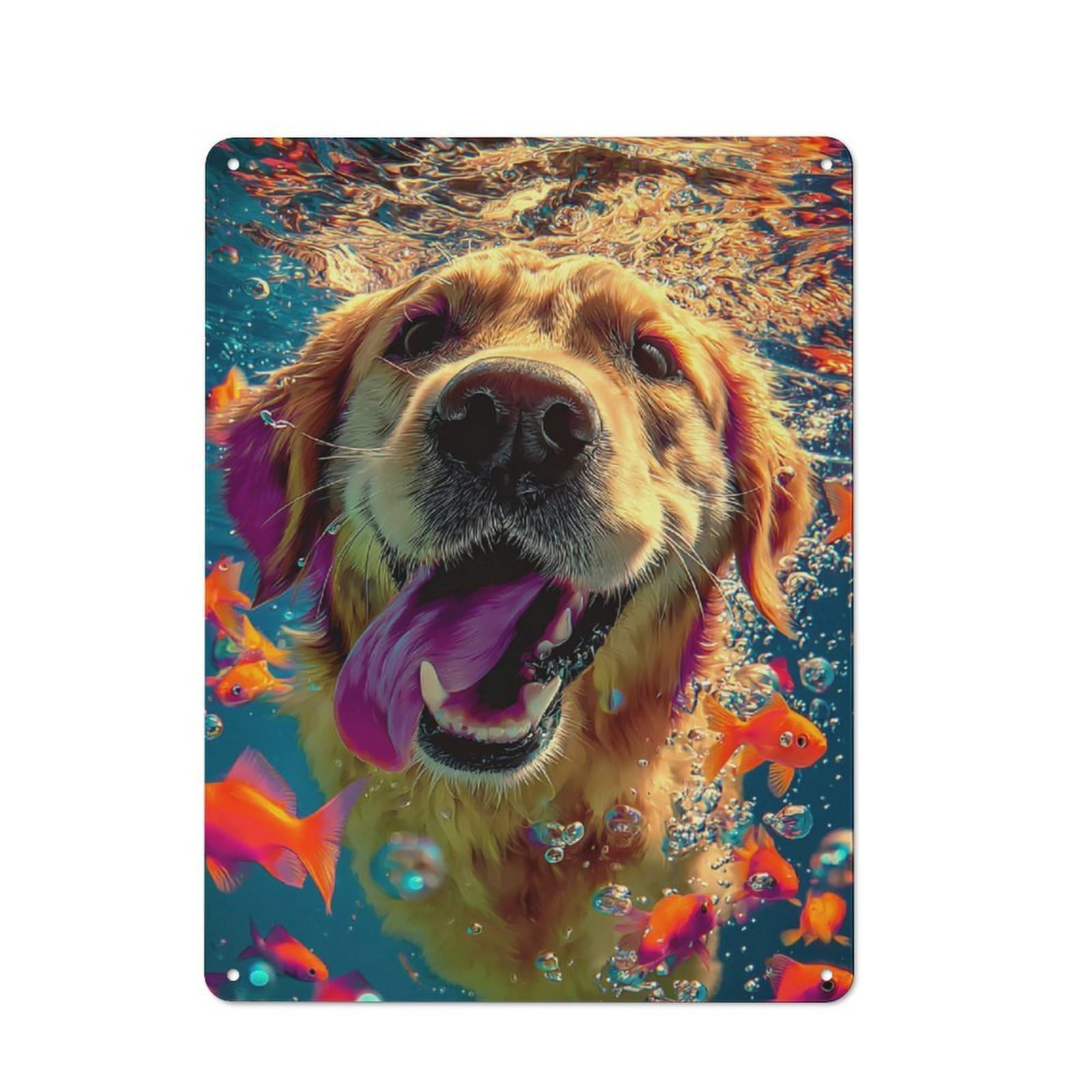 Underwater Adventure with Golden Retriever Rustic Tin Sign 40x30cm for Pub Or Café, for Collectors Building A Themed Wall Display