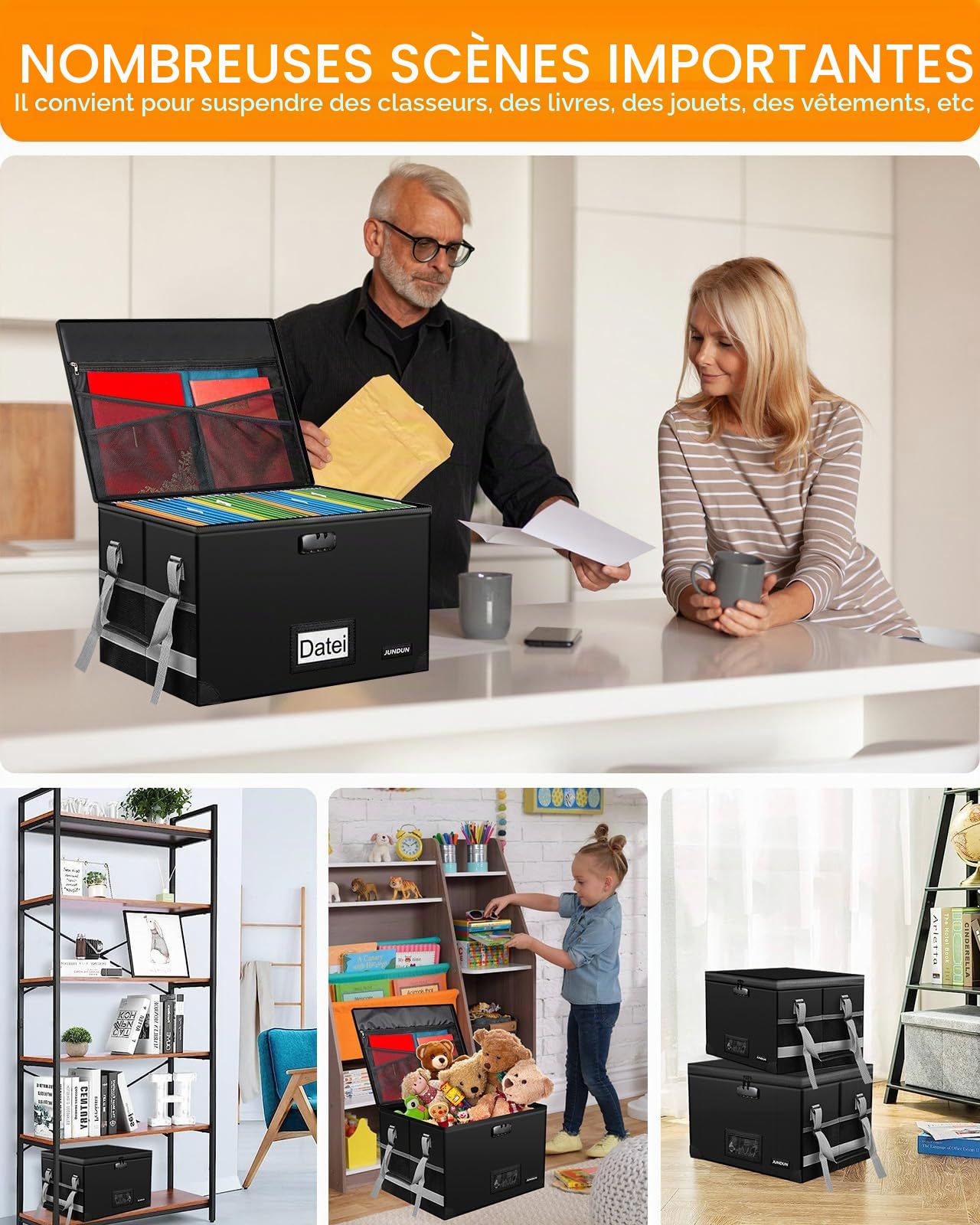 JUNDUN Boîte de rangement de fichiers avec serrure, boîte à documents pliable ignifuge avec fermeture éclair imperméable et couvercle, boîte de rangement décorative portable pour la maison/le bureau