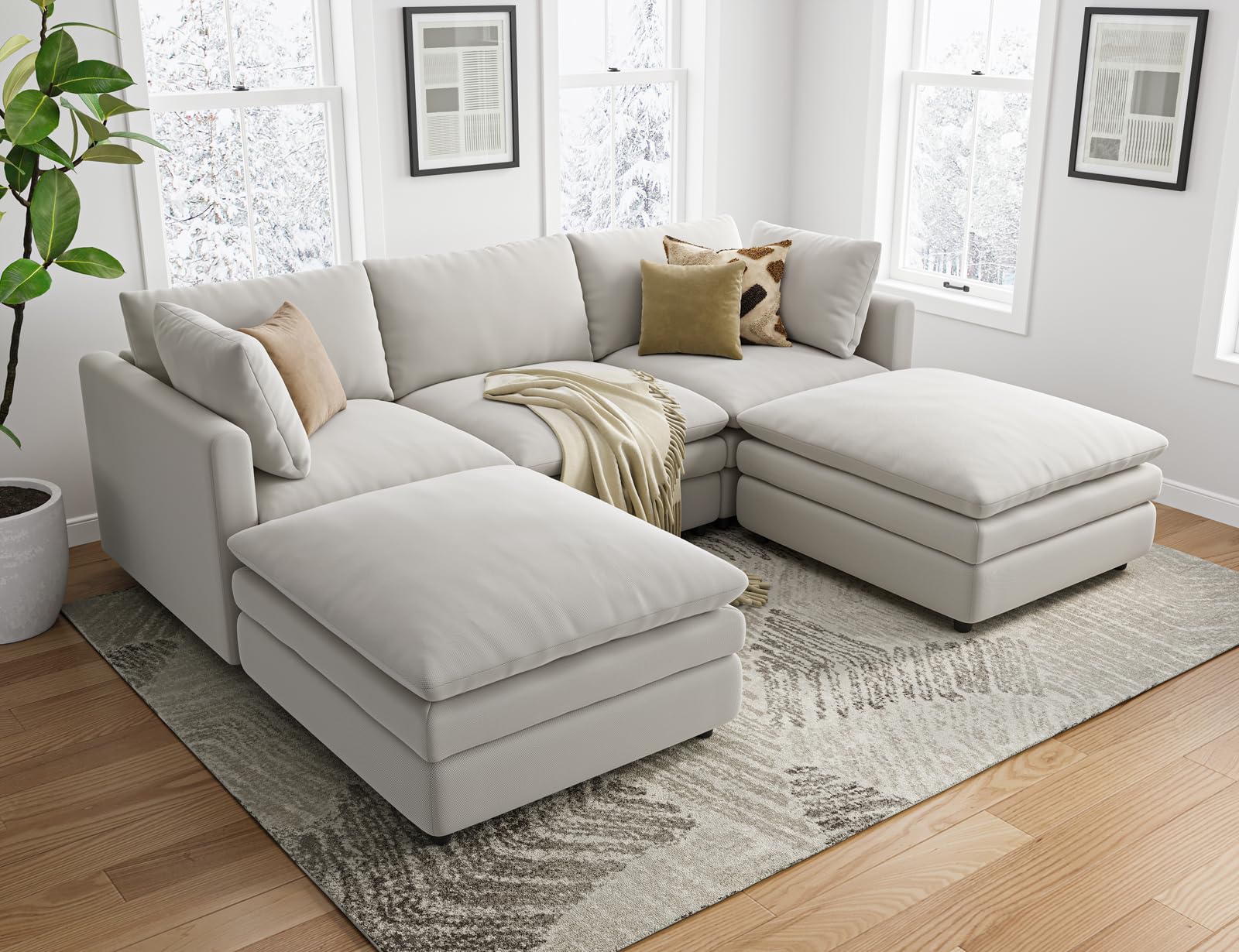 Txtin's Sectional Couches for Living Room U Shaped Cloud Couch with Ottoman Deep Plush 5 Seats Sofa Modern Sofa for Apartment Light Grey