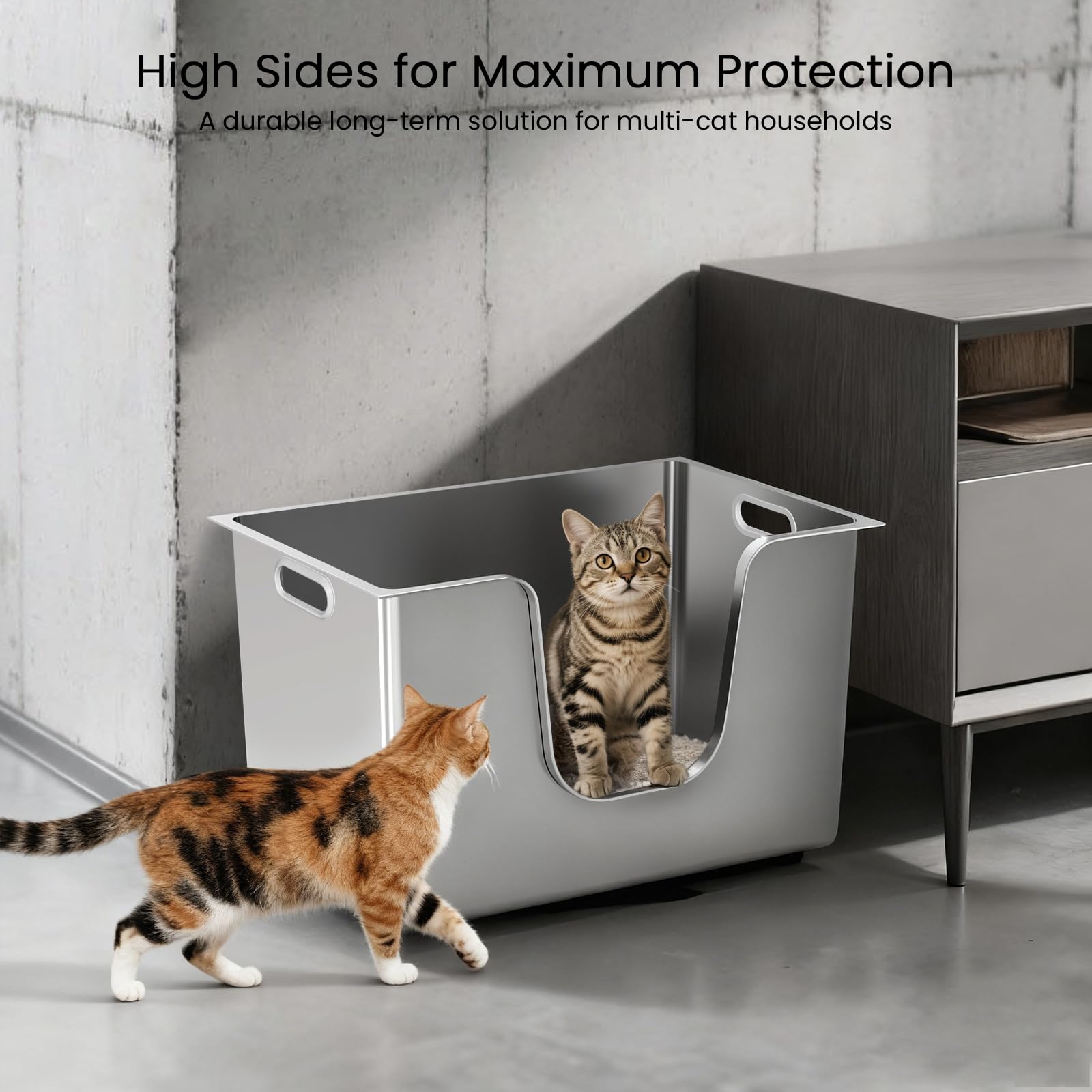 PTLOM Lebensmittelechtes Katzenklo Edelstahl XXL Katzentoilette 30cm Hohe Ränder Rostfrei,Auslaufsicher, Niedriger Einstieg für ältere Katzen + Rollen – Perfekt für Mehrkatzenhaushalte