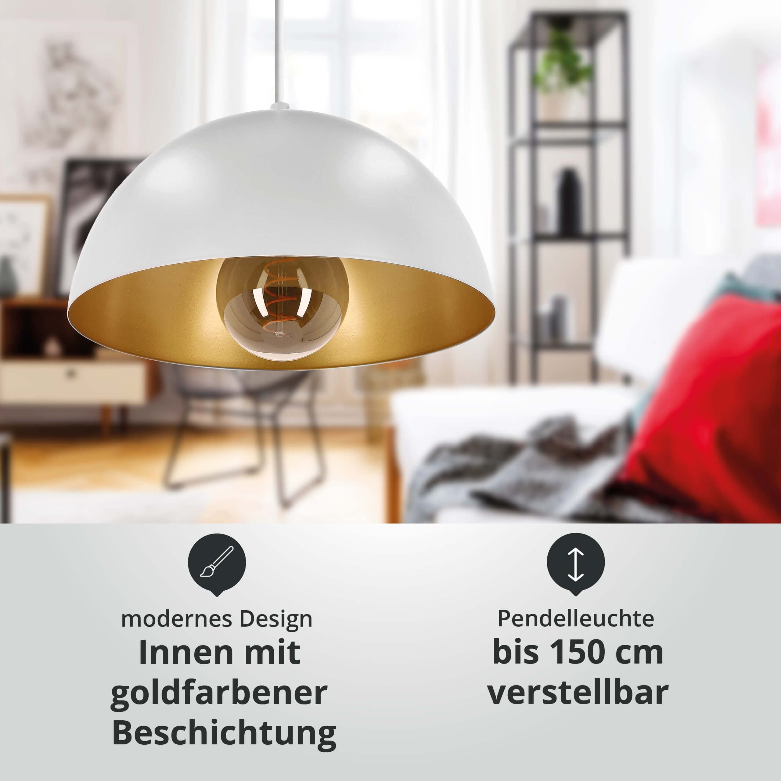 LED Universum 2er-Set Pendelleuchten Jada Weiß/Gold Ø30cm x 125cm, E27 Fassung, max. 40W, Hängelampe, Hängeleuchte, Deckenlampe, Wohnzimmerleuchte, Kinderzimmerlampe, Metall