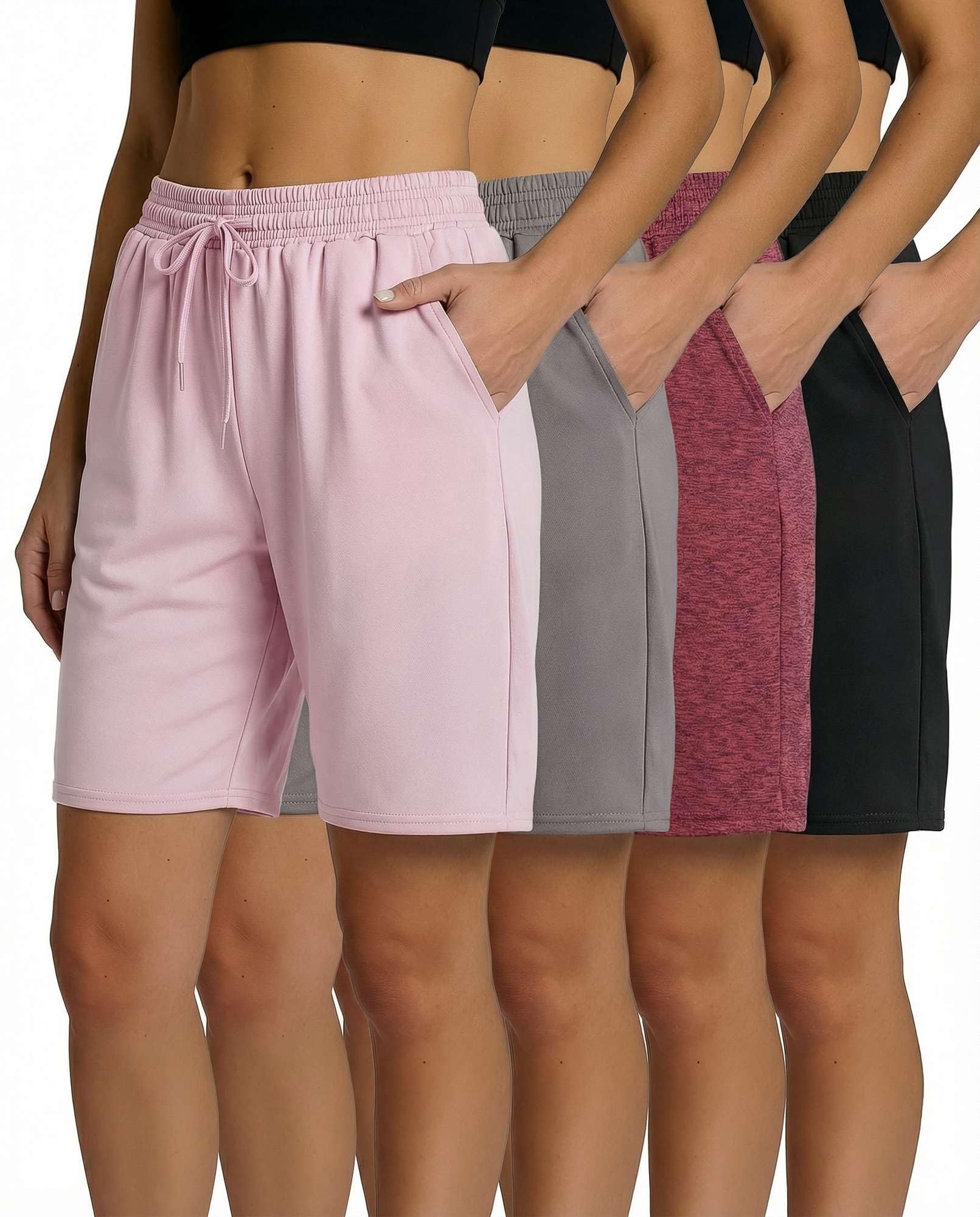 Real Essentials 4 Pack: Women's Dry-Fit Athletic 7" Bermuda Long High Waisted Running Shorts (Available in Plus Size)
