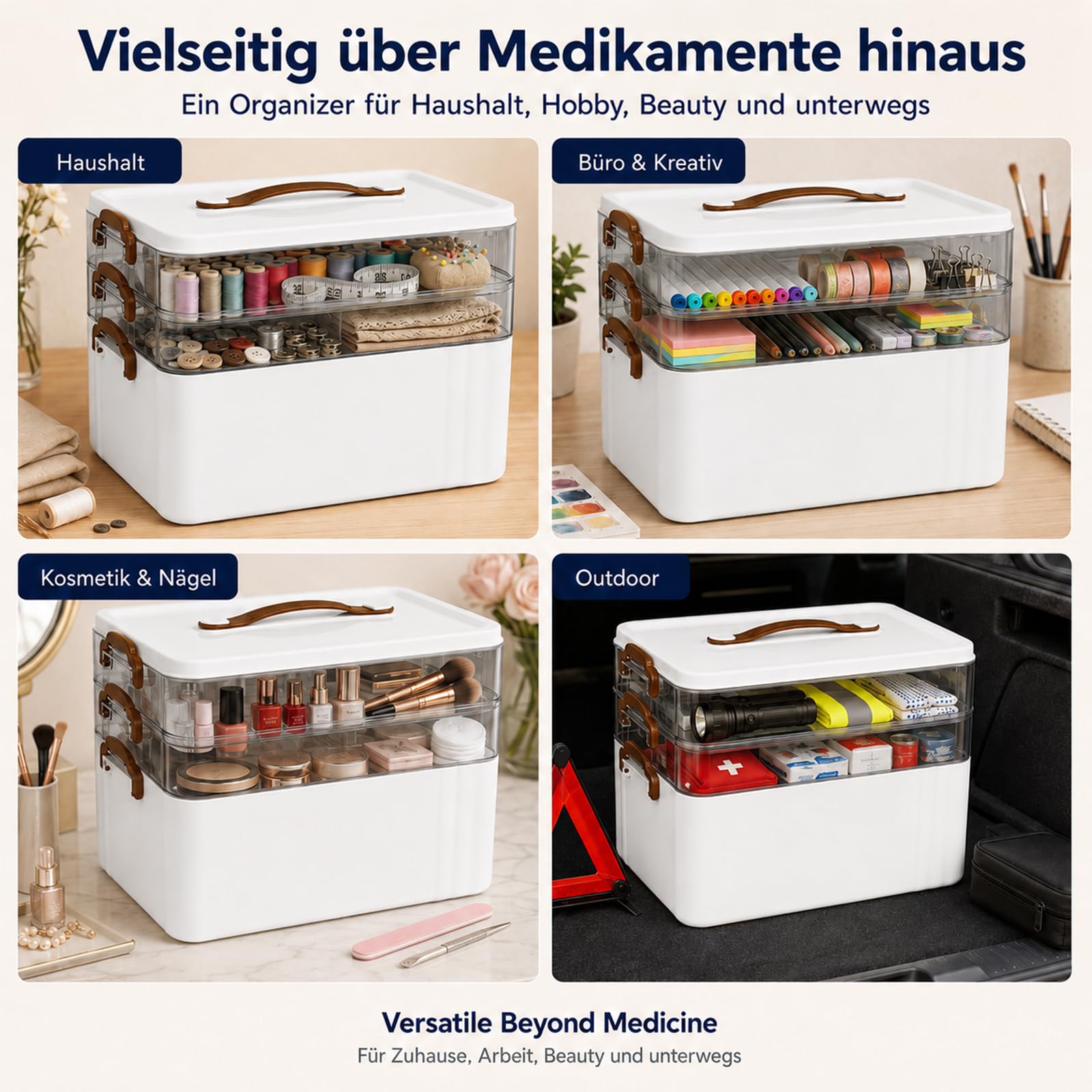 Medicamentos Almacenamiento Caja de 3 pisos con asa portátil, organizador de medicamentos, contenedor de almacenamiento multifunción para medicamentos, gadgets, joyas, medicamentos, accesorios