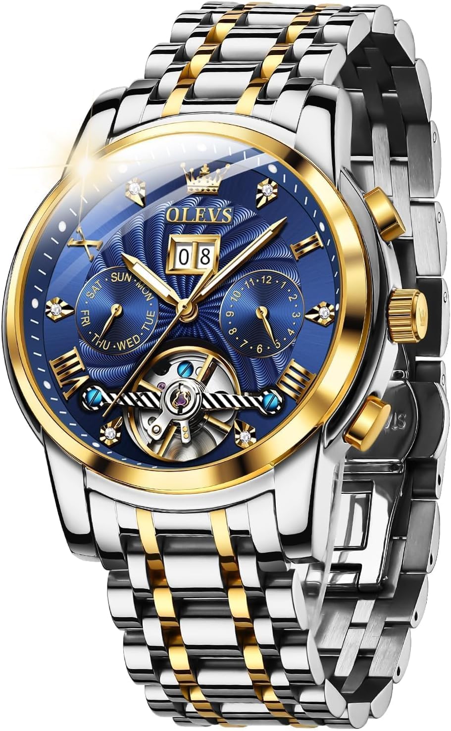 OUPINKE Herrenuhren Automatik Skelett Mechanische Armbanduhr mit Diamanten Tourbillon Wasserdicht Luminous Tag Datum Schwarz Edelstahlarmband