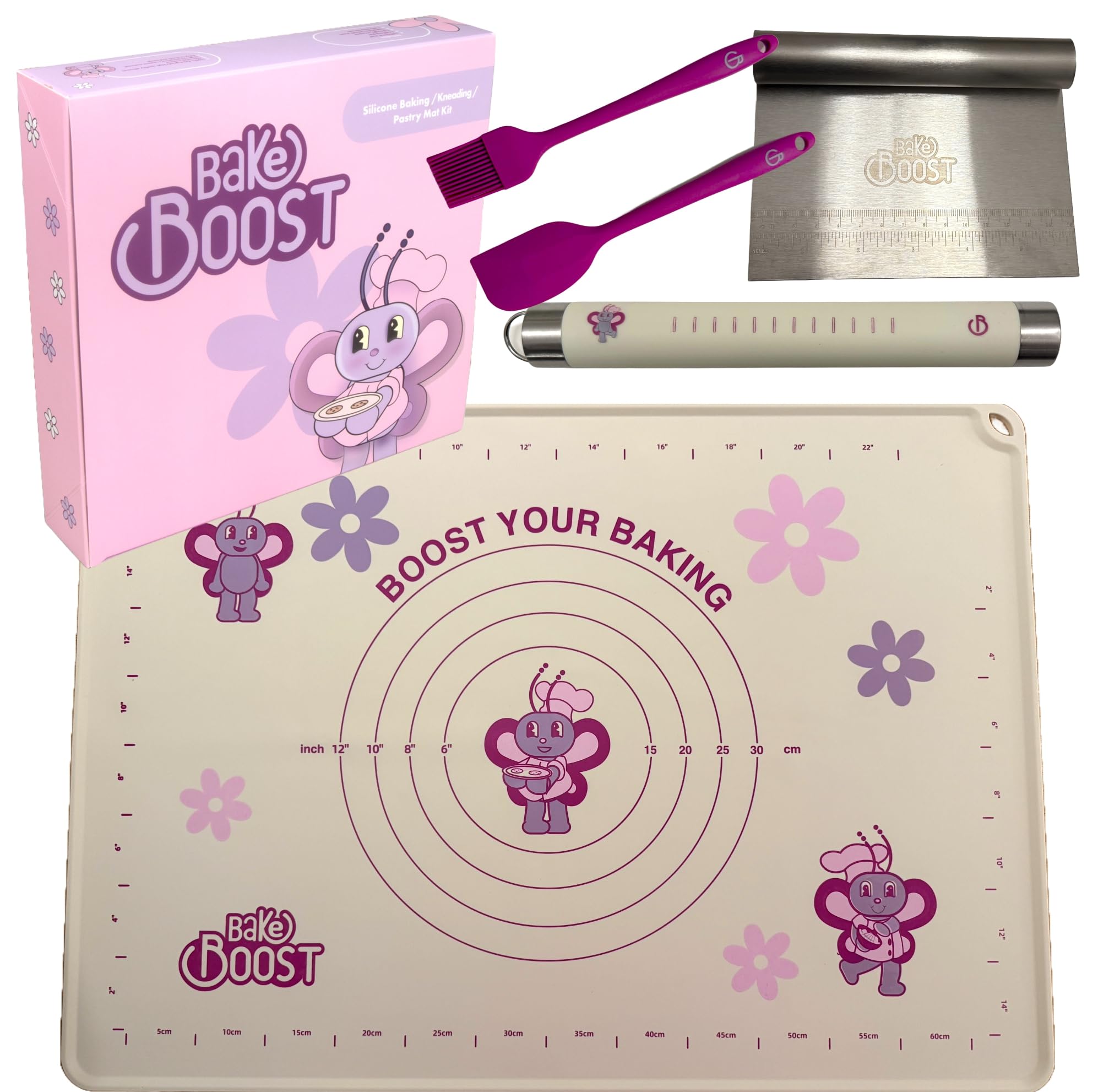 BAKEBOOST Silicone Baking Mat Set | Non-Stick Dough Rolling Pastry with Rolling Pin for Cookie Pie Crust Pizza Bread | Extra Large Dough Mat | Silicone Pastry Mat Kit Extra Thick with accessories