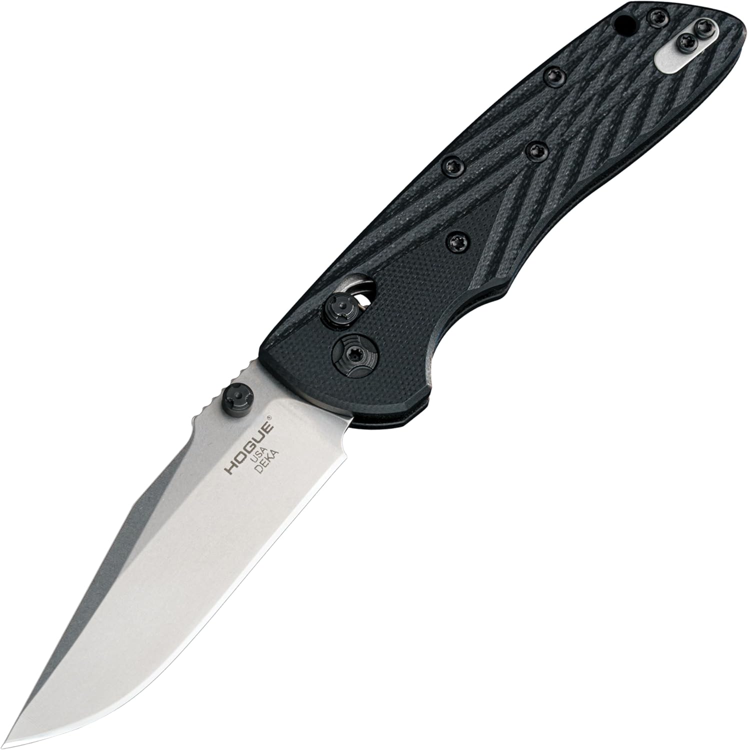 Hogue Deka 3.25" Folder CPM 20CV Clip Point Blade Stone Tumbled Finish, Crosshatch Textured G10 Frame ABLE Lock Manual Knife, Solid Black - 24279
