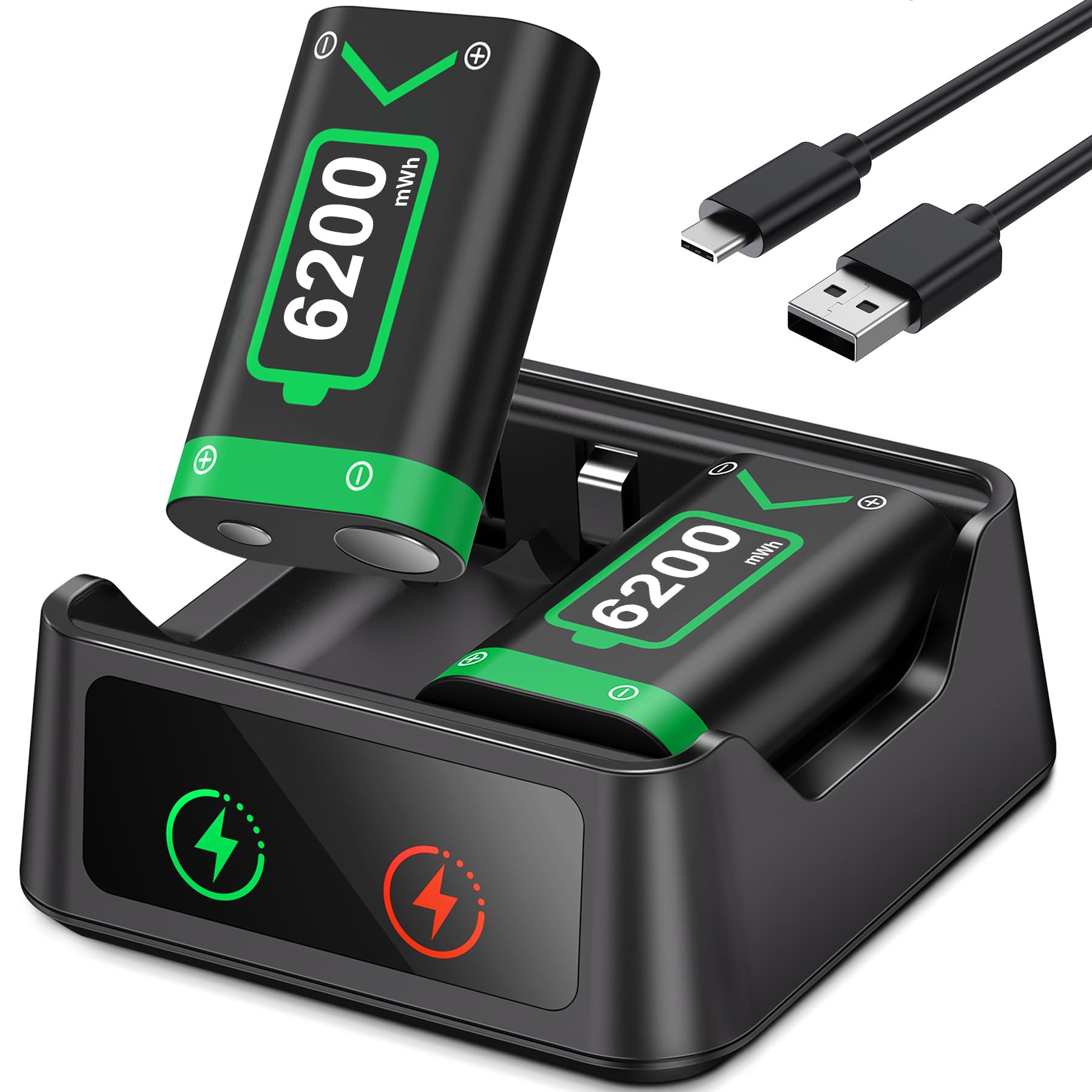 Rechargeable Battery Pack for Xbox One/Series Controller, 4x6200mWh Battery Pack with Charger/Cooling RGB/25H Playtime, Compatible with Xbox One/S/X/Elite 1, Series S/X Controller Thumb Grips — view 9