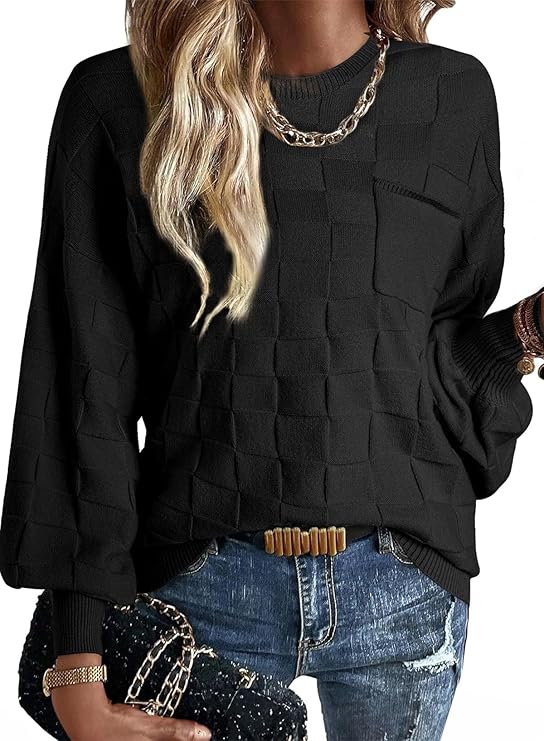 SHEWIN Womens Sweaters 2024 Casual Crewneck Long Sleeve Lightweight Checkered Knit Knit Pullover Sweater Tops