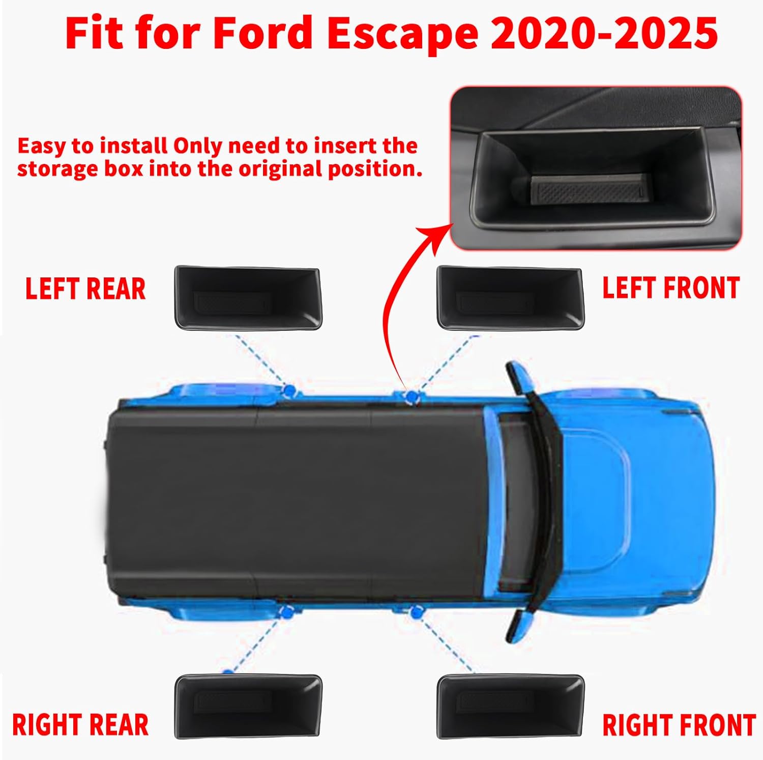 Door Side Storage Box For Ford Escape 2020 2021 2022 2023 2024 2025 2026 Accessories Door Pocket Handle Protector Insertion Tray Organizer (4PCS/set Front rear door storage box)