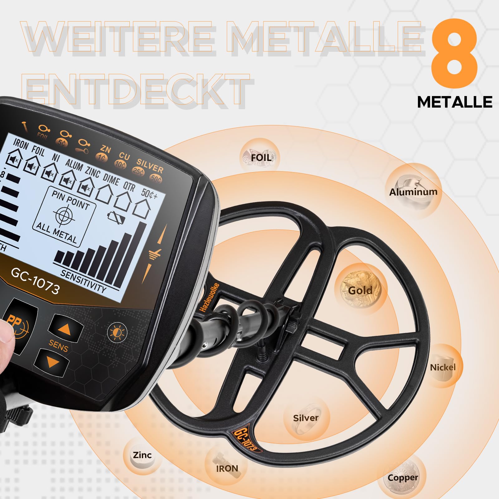 Hazlewolke 13''/33CM Metalldetektor Profi mit großer wasserdichter Doppel-D Suchspule, hoher Empfindlichkeit & Pinpointer-Funktion, Golddetektor für Erwachsene mit LCD-Anzeige