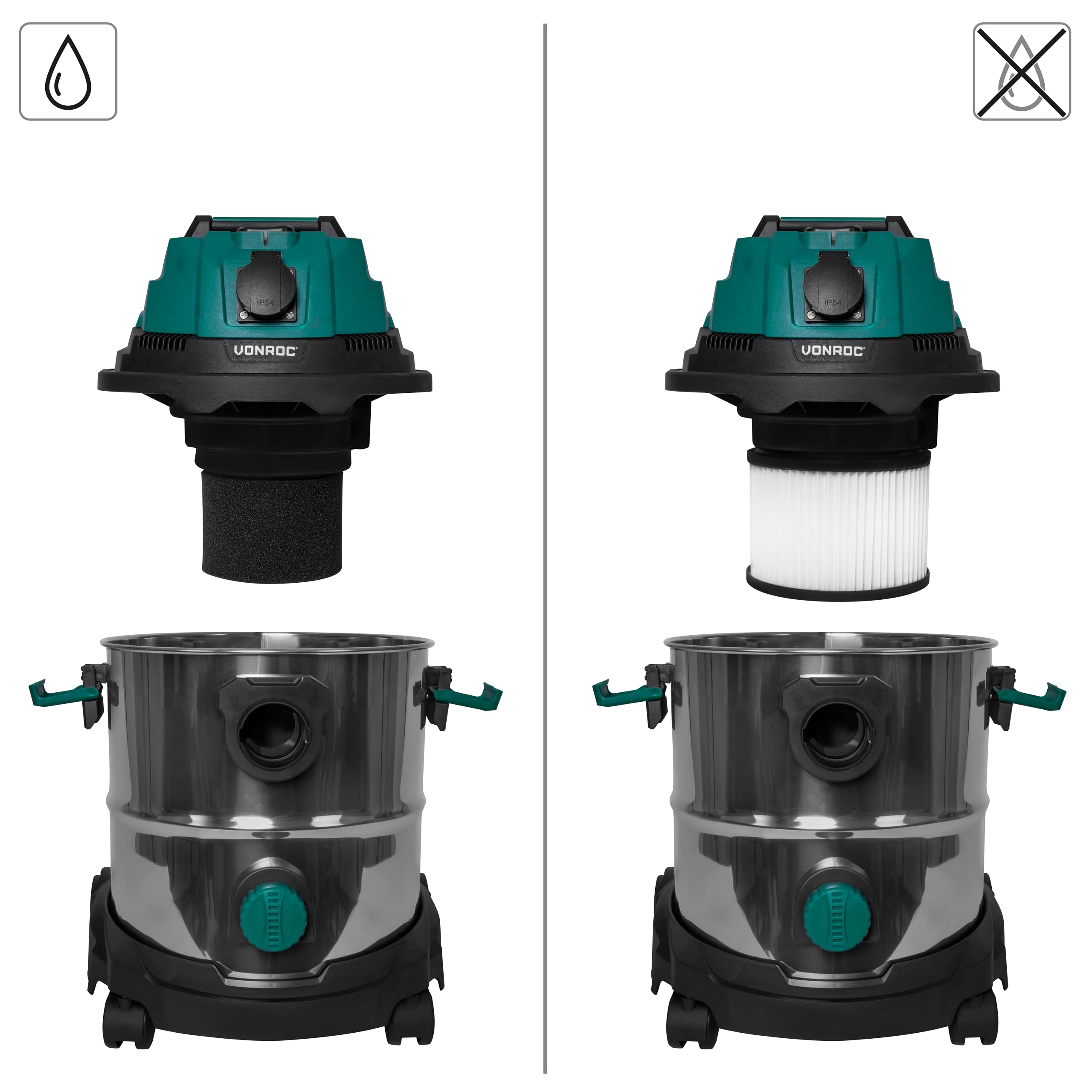 VONROC Aspirateur Eau et Poussière 1400W – Cuve INOX 20L – Fonction Soufflage & Prise Auto-Start 2000W – Filtre HEPA & Éponge – Accessoires Inclus – pour Atelier, Garage, Voiture