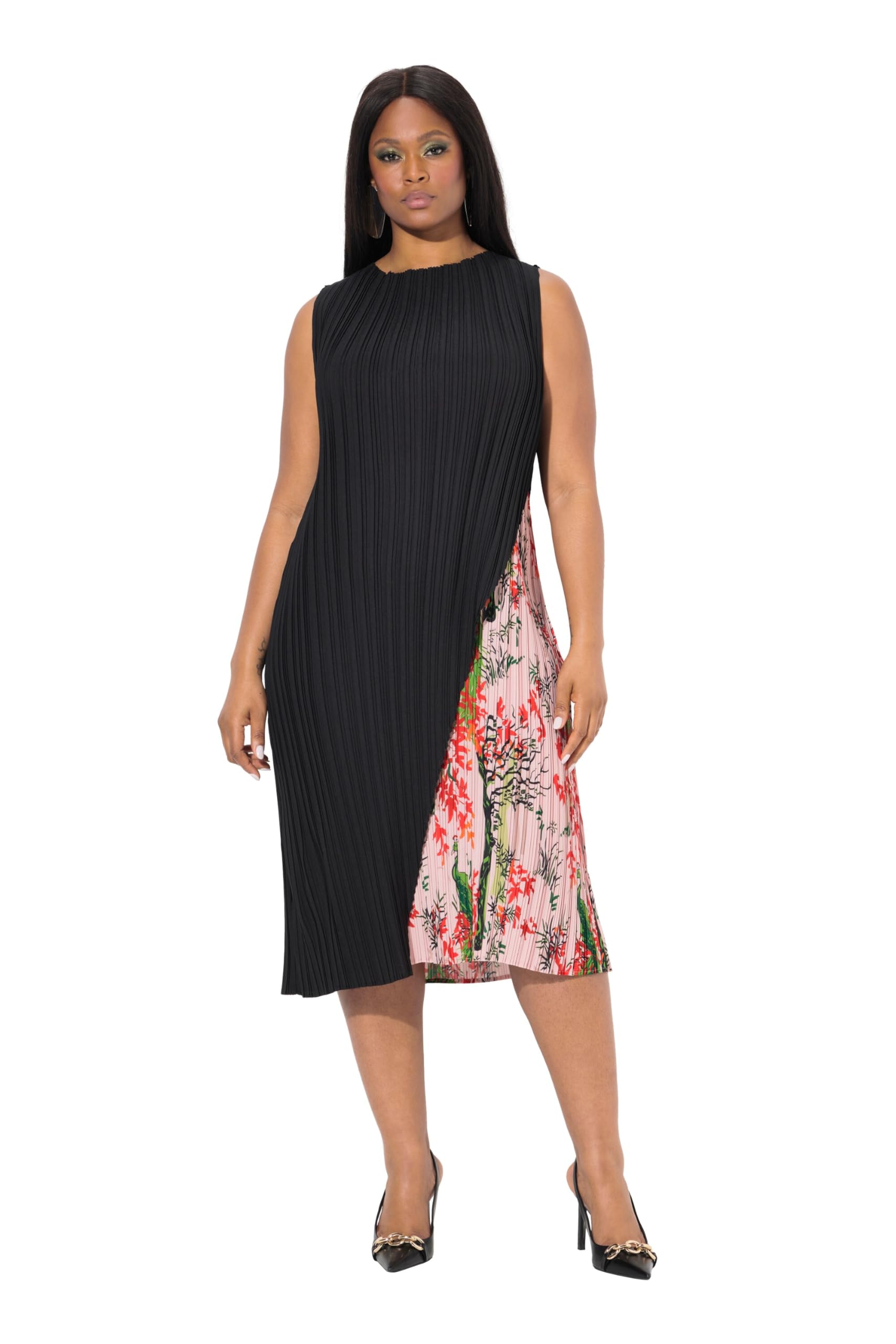 Ulla Popken Damen große Größen Übergrößen Plus Size Plissee-Midikleid, doppellagig, Rundhals, ärmellos 840133