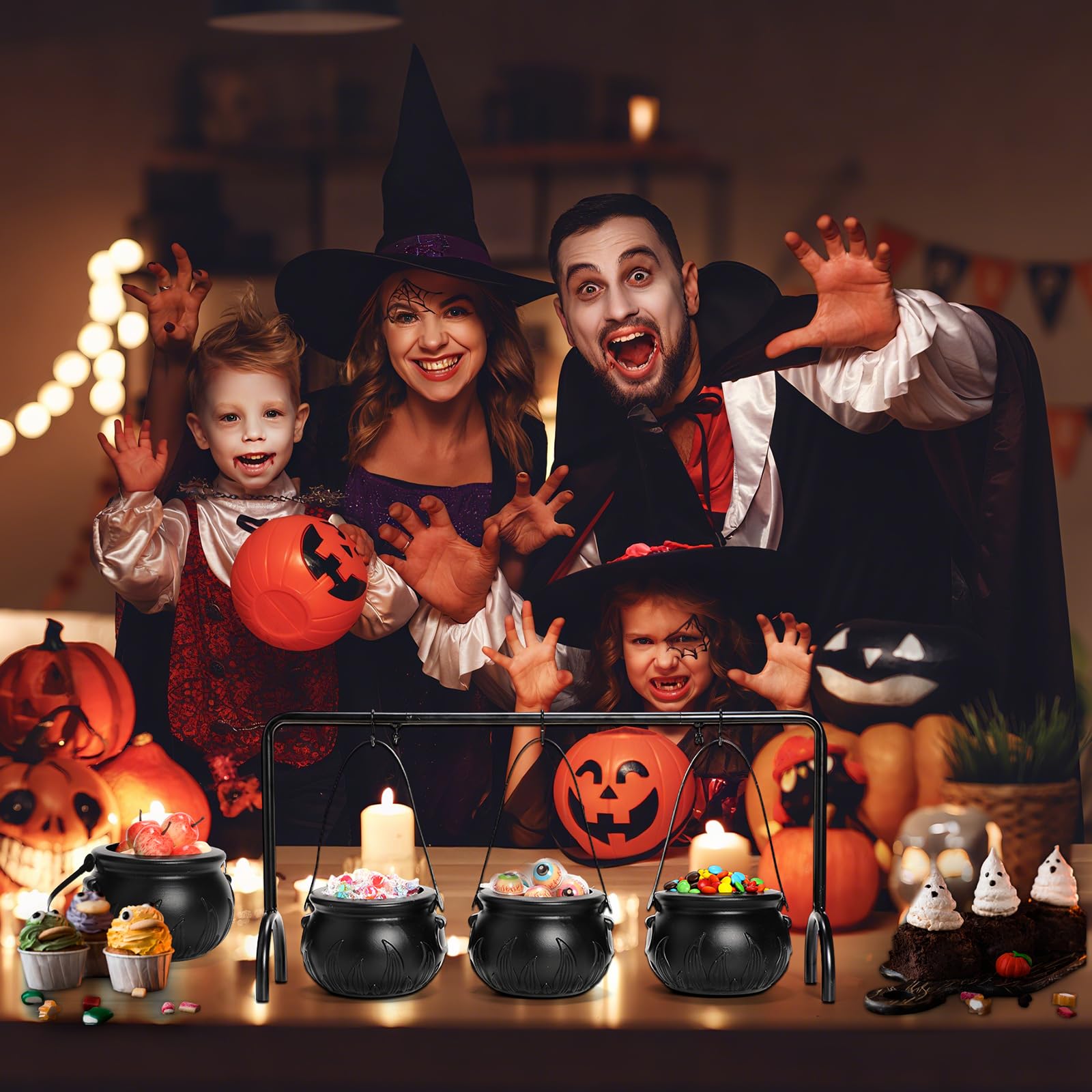 Jingmore 9 Stück Halloween-Party-Dekorationen, 3 Keramik-Hexenkessel, 6 Stück 170 ml Keramik-Schalen, Kürbisförmige Teller für Halloween, Zuhause, Küche, Servieren, Dip-Sauce, Gewürze und Snacks