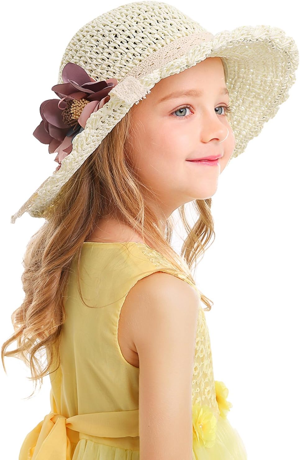 Bienvenu Girl Kids Summer Wide Brim Floppy Beach Sun Visor Hat with Flowers - Image 2