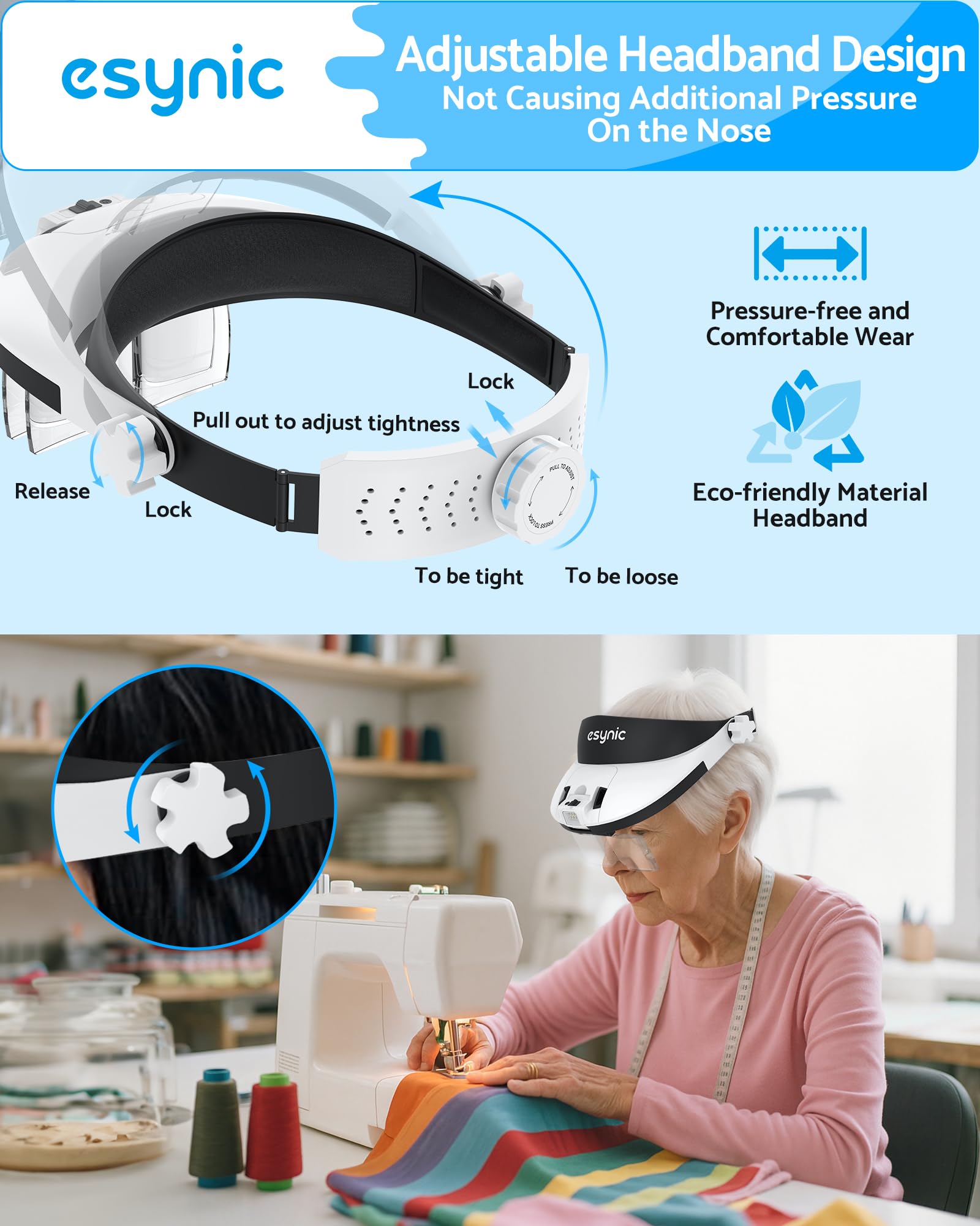 eSynic Lente d'ingrandimento con 8 LED, lente d'ingrandimento 1X-6X ricaricabile, con custodia, 5 lenti, lampada regolabile per testa calda e fredda per hobby, lettura, artigianato, ecc