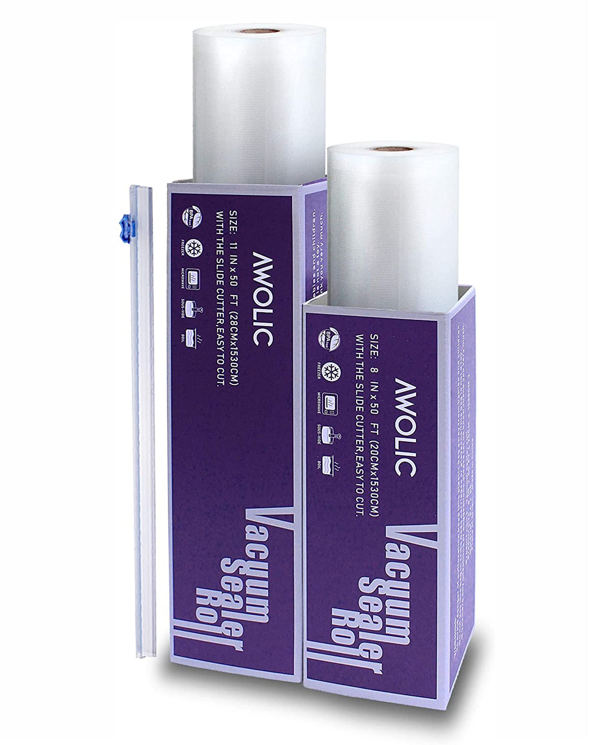 AWOLIC 2 Rolls(8"x50'&11"x50') Vacuum Sealer Rolls with Slide Cutter,Food Grade Saver Bags Suitable for Any Clamping (External Vacuum) Vacuum Food Sealer