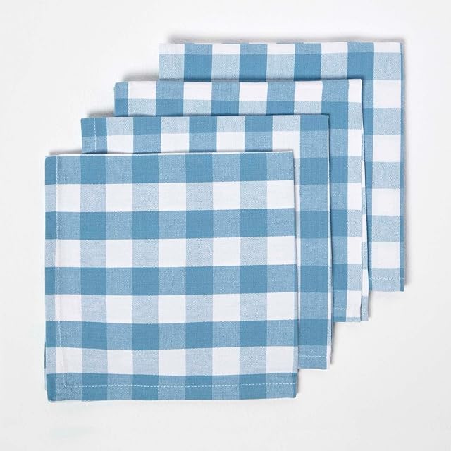 HOMESCAPES Set of 4 Blue Gingham Napkins Block Check Pattern 100% Cotton Napkins 45 x 45 cm (18 x 18) with Blue and White Checkered Design