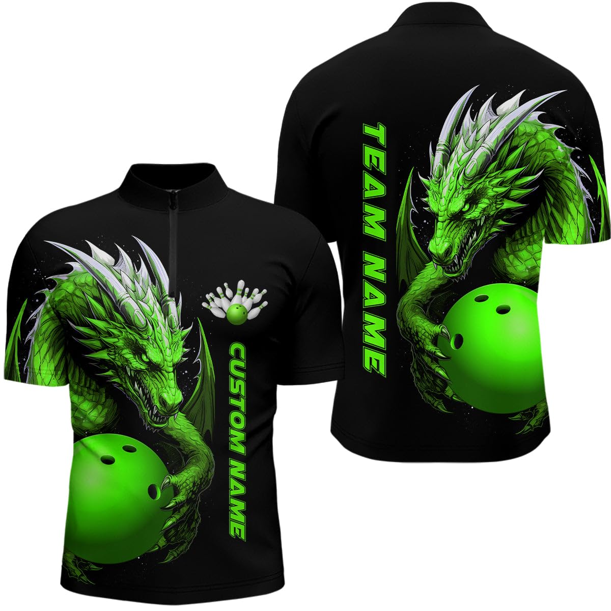Grünes Drachen Herren & Damen Bowling-Polo & Quarter-Zip-Shirt, Custom Design, Team-Jerseys und Bowling-Bekleidung I5295
