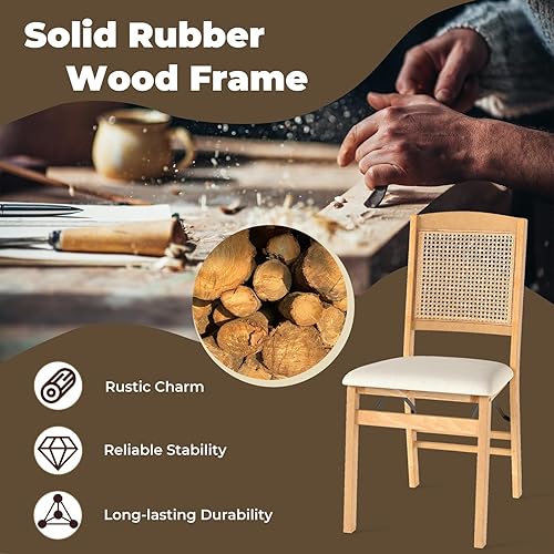 Miniatura 5 de GOFLAME Juego de 4 sillas de comedor plegables tapizadas de tela de lino con asiento acolchado y respaldo de ratán, patas de madera de goma, sillas