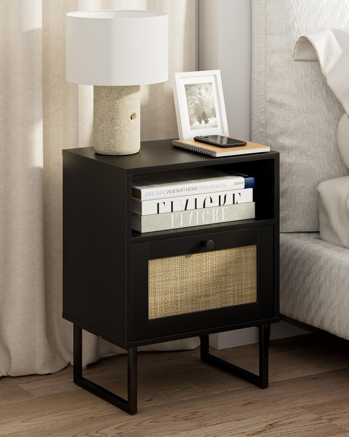 Masupu Rattan Nightstand,Modern Boho Farmhouse Wood Side Table with Storage Drawer and Open Shelf,Small Gold Frame Bedide End Table for Bedroom,Living Room,Office(Black)