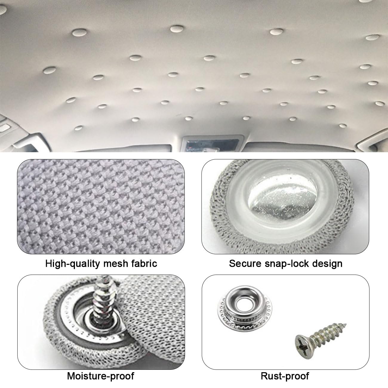 30 Pcs Kit Riparazione Cielo Auto, Universale Set Riparazione Tetto Auto Interno, Rivetti per Riparazione Tetto Auto con Cacciaviti, Puntine e Metro a Nastro per Tutte le Auto (Grigio)