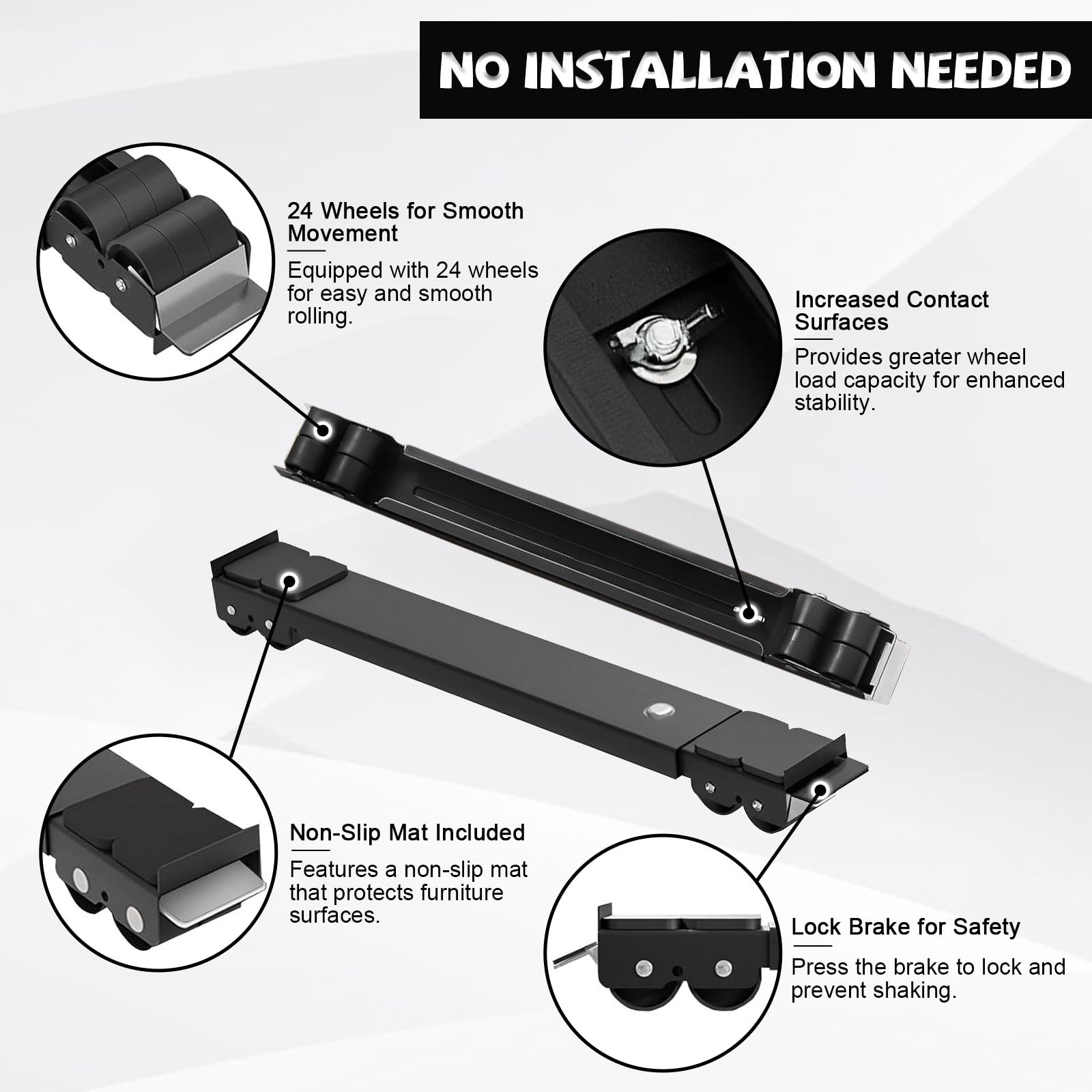 JAMHEXOU Heavy Duty Appliance Rollers, Extendable Furniture Moving Roller Wheels with Brake - Image 3
