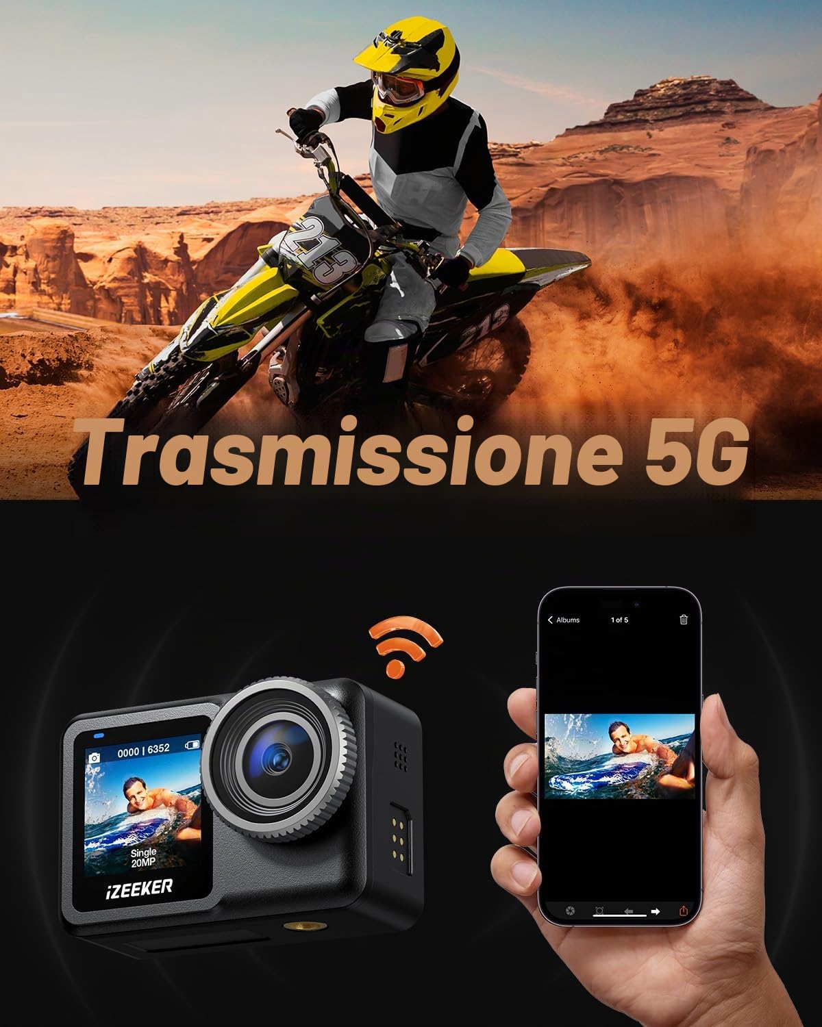 iZEEKER iA400 Action Cam 4K 20MP 5G WiFi 64GB Memoria, 40M Fotocamera Subacquea 12M Impermeabile(Senza Custodia) Doppio Schermo 2.2" Touchscreen Vlog Camera, 1600mAh-Batteria Telecamera 6-AXIS EIS