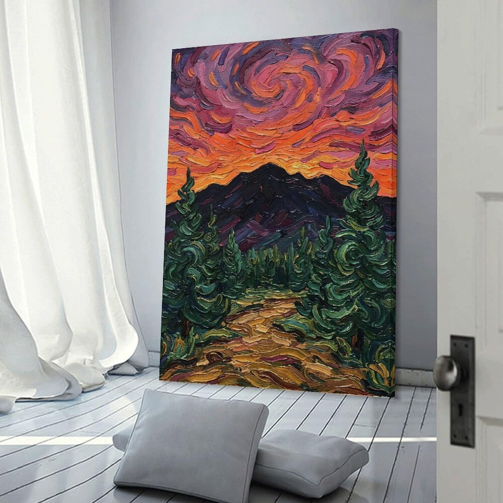 Junmoney Frame-Style-24 Impasto Mountain Landscape At Sunset Hanging Wall Art, 16X24inch(40X60cm), For Home Walls, Creative Rooms Or Shared Spaces, A Flexible Wall Accent For Shared Spaces