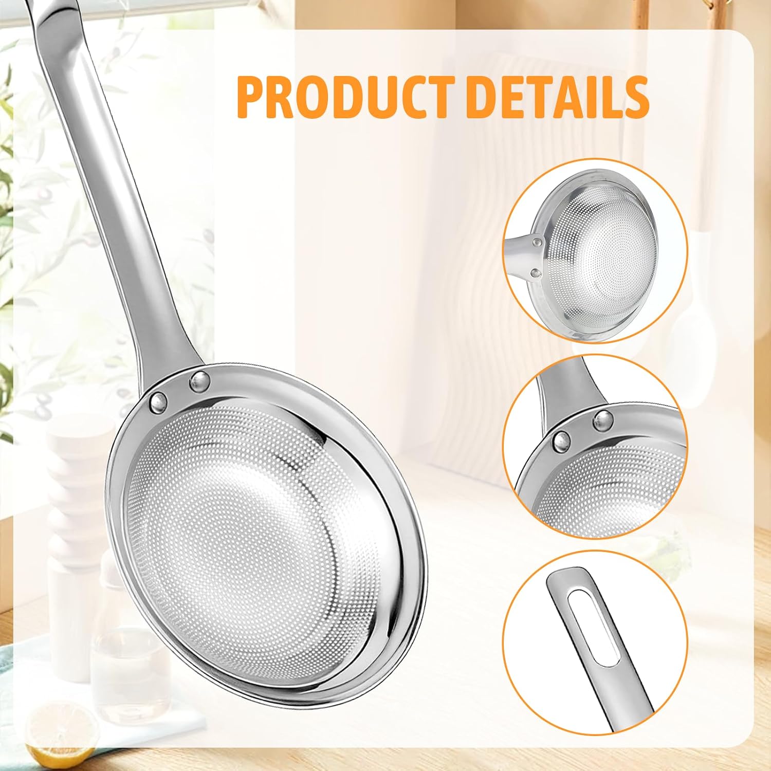 Fine Mesh Stainless Steel Colander Flat Hot Pot Fat Skimmer Fine Mesh Strainer Slotted Spoons with Handle Sieve Fines Meshes Colander Spoon Strainer for Kitchen Baking Oil Filter Kitchen Gadgets