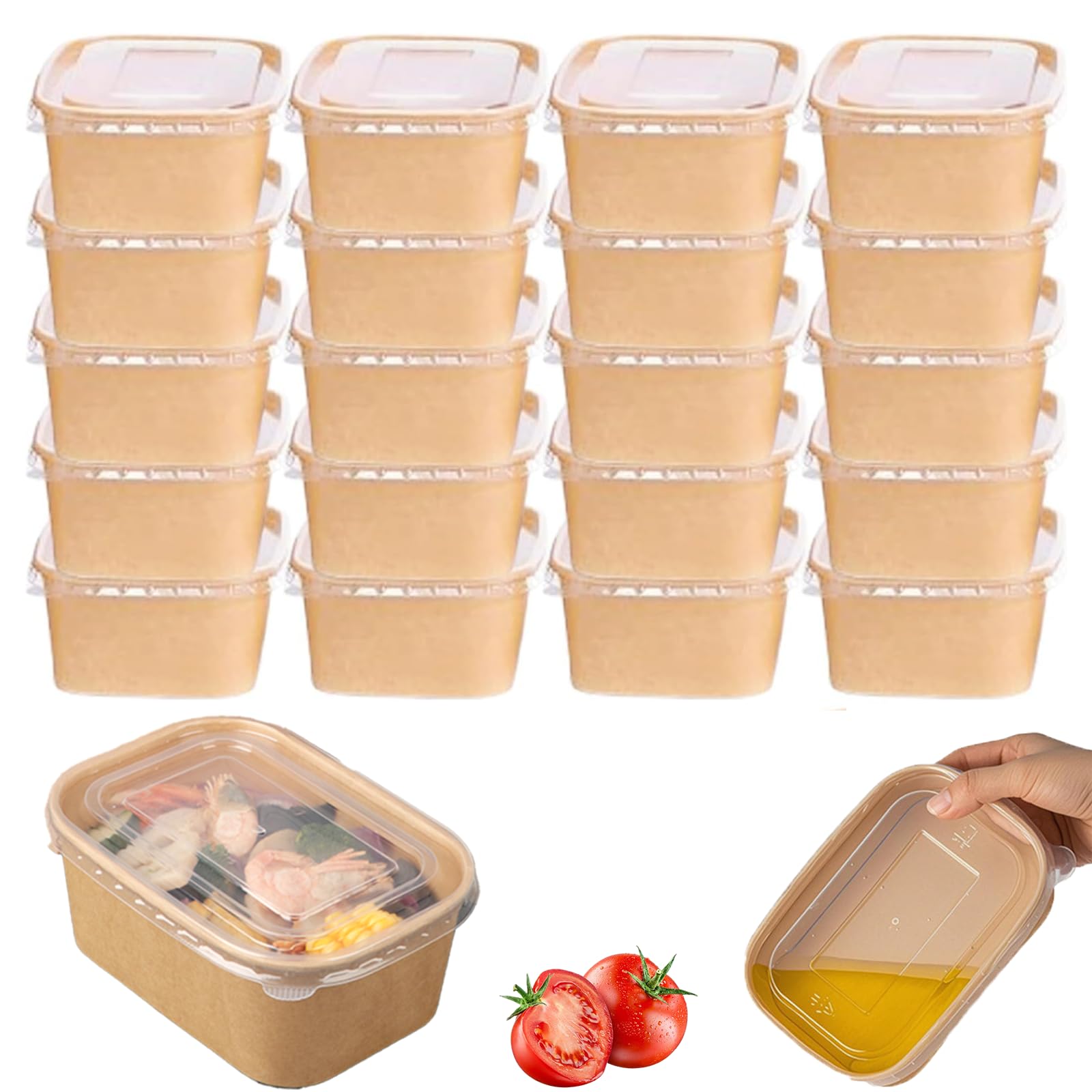 20 Pièces Boîtes à Salade En Papier Kraft 500ml, Boîtes à Emporter Réutilisables Barquette Carton, Imperméables Et Oléofuges Avec Couvercle, pour Plats à Emporter, Salade Fitness Et Voyage