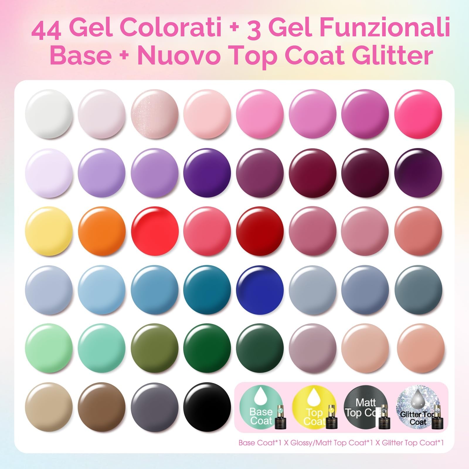 ROSALIND Smalto Semipermanente Unghie, 48 Pezzi Bianco Rosa Viola Giallo Arancione Rosso Colori Smalti Semipermanenti per Unghie Blu Grigio Verde Marrone, UV/LED Mini Smalto Gel Unghie Manicure