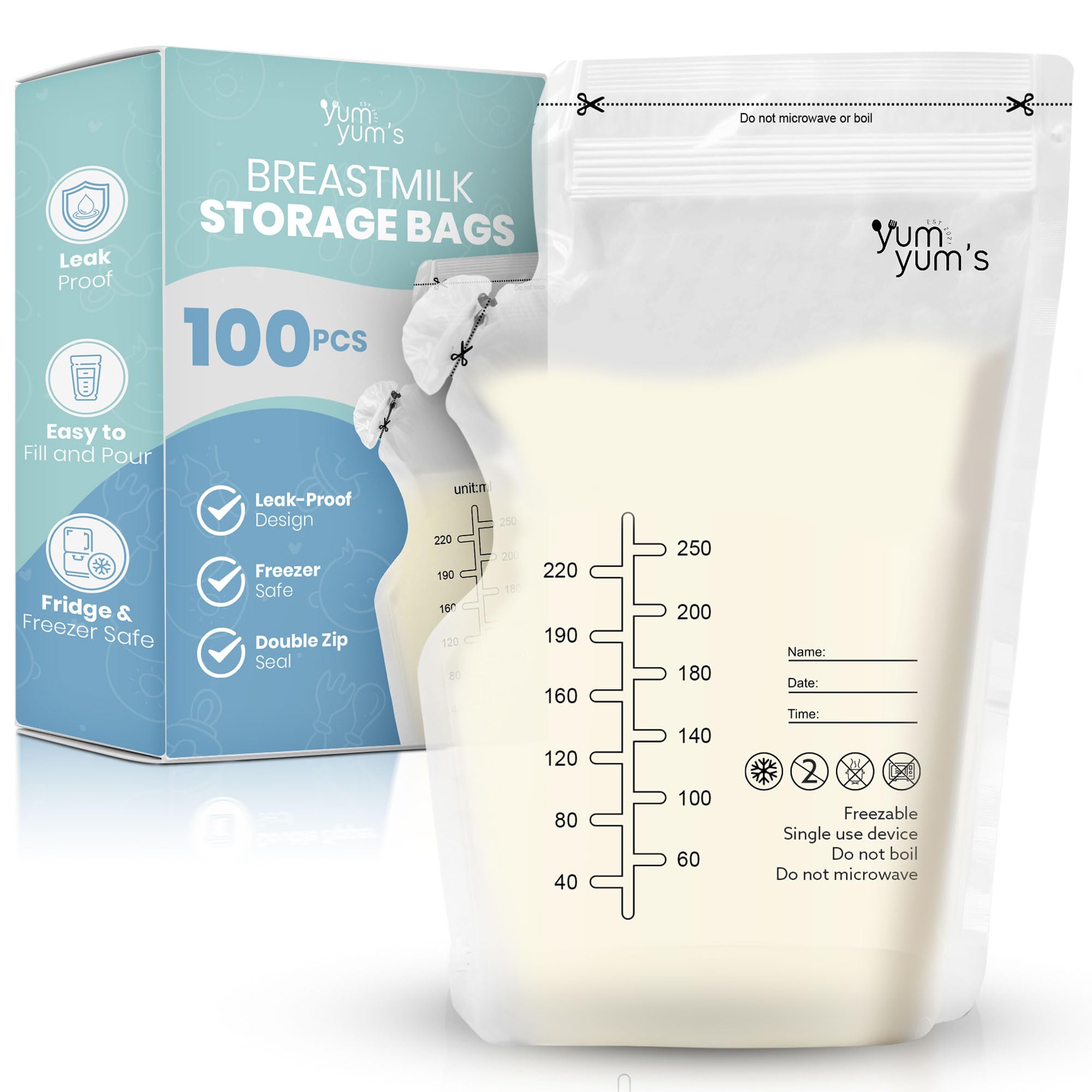 Yum Yum's 100 Pcs x 250ml Breast Milk Storage Bags - Disposable No-Leak Pouches w/Secure Double Zipper Seal & Pour Spout - Pre-Sterilised Freezer Bags - Easy Labeling for Date & Volume