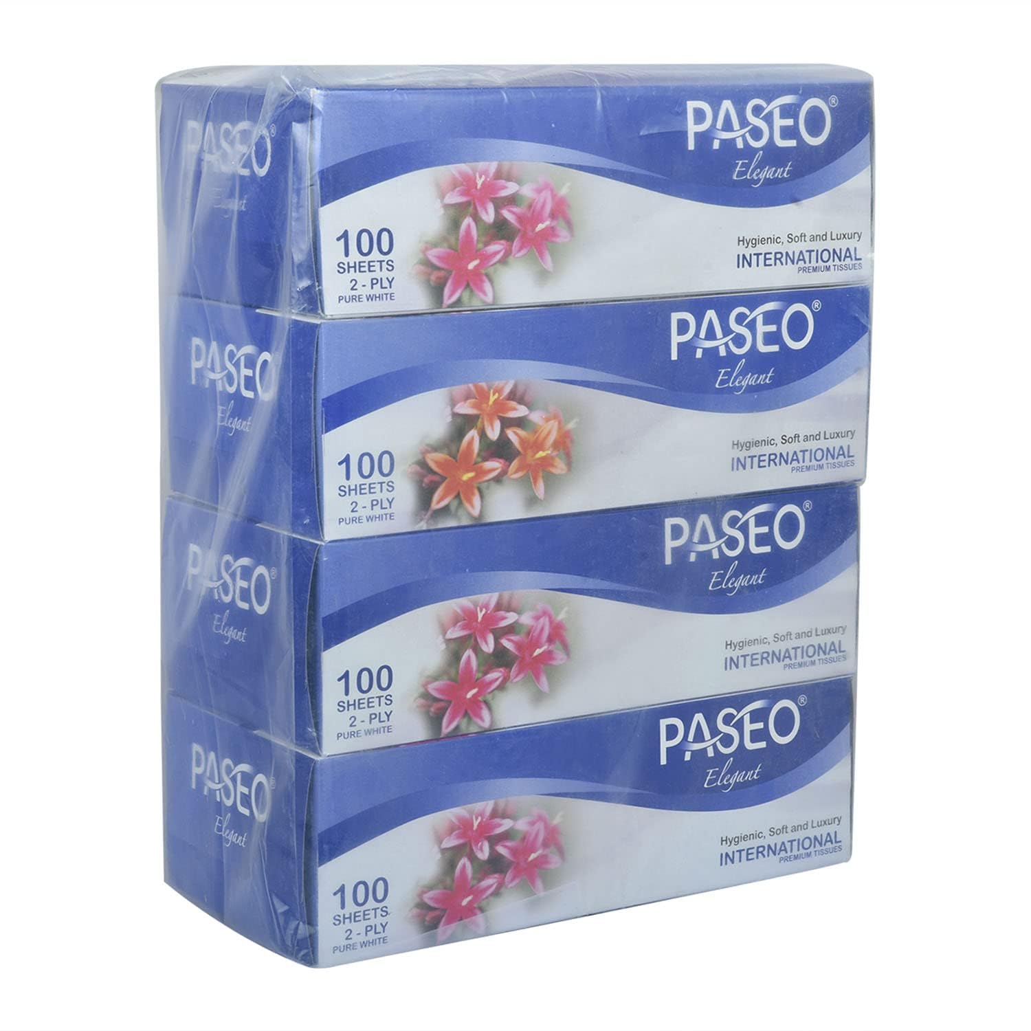 Paseo Elegant 2-Ply International Premium Facial Tissues, Hygienic, Soft and Luxury (19.5x20cm Each Sheet, 100 Sheets Each Box, White, 8 Boxes)