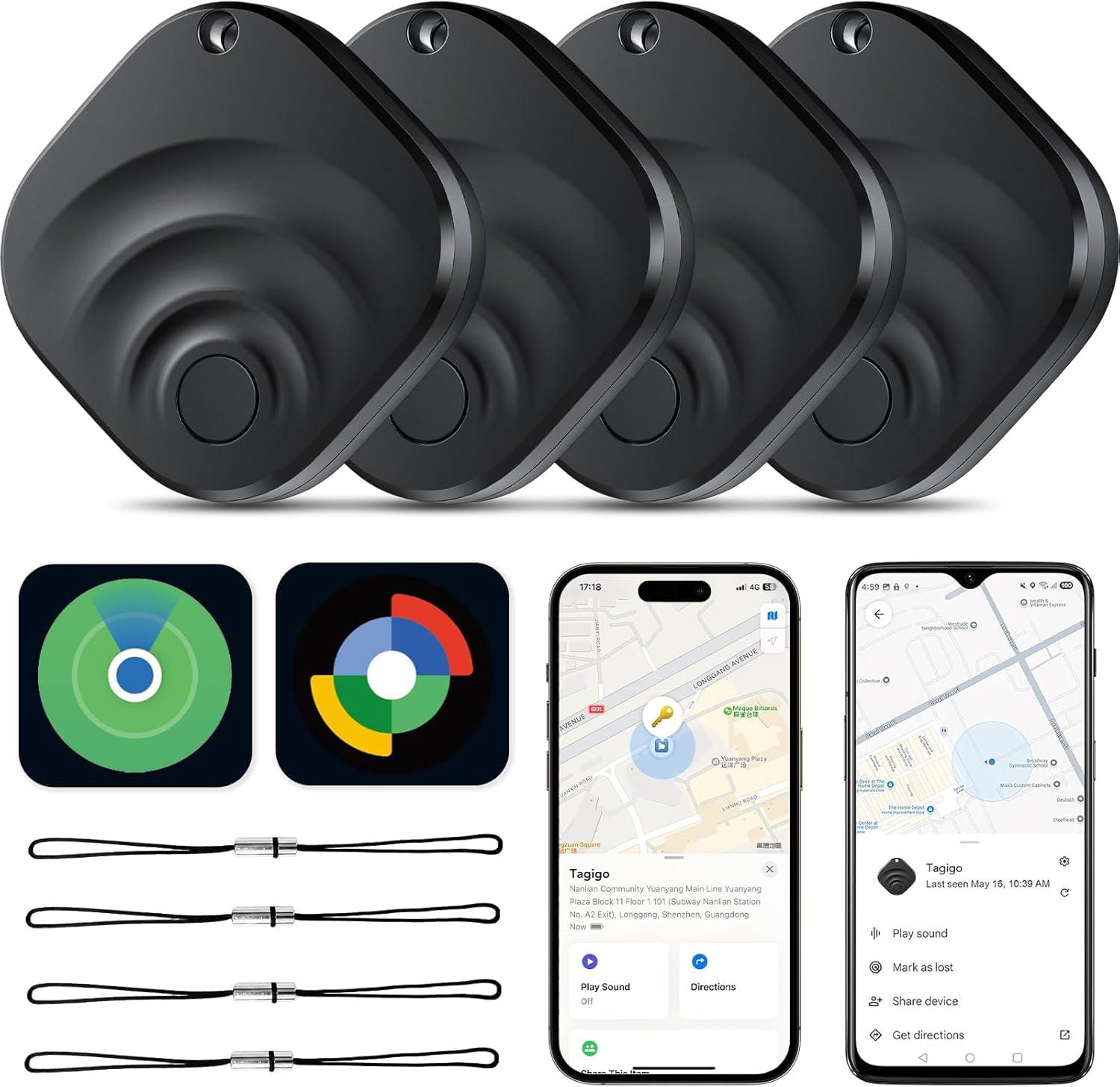 2026 Air Tracker Tags Item Locator per Android e iOS Bluetooth Tracker Smart Tags Compatibile con Apple Find My (iOS) e Google's Find Hub (Android) per chiavi, bagagli, portafoglio (pacchetto 4 nero)
