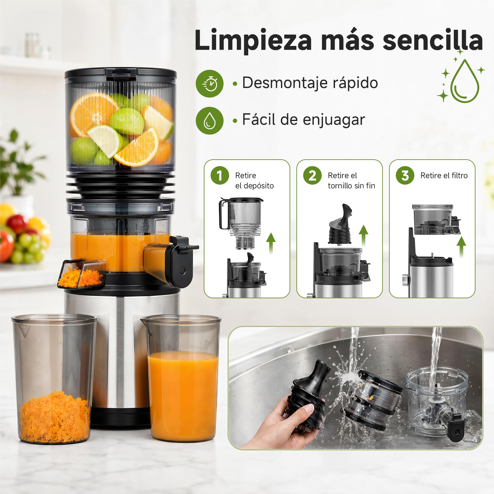 AMZCHEF Extractor de Zumos 158 mm Boca XXL, Licuadora de Prensado en Frío para Frutas y Verduras, Slow Juicer 2L con Vaso de Pulpa y Vaso de Zumo, Fácil Limpieza, Motor Silencioso, Acero Inoxidable